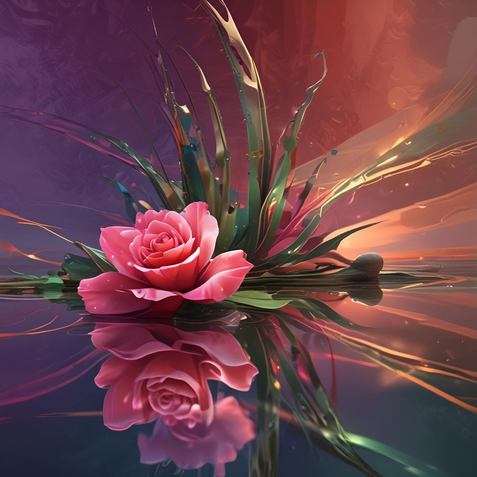 Abstract art of a pink rose on dark water with a clear reflection, long green blades, and a purple orange glow.