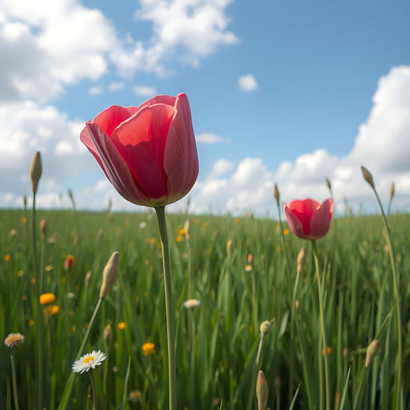 A floral photograph of pink tulips in a green meadow with daisies, orange buds, and a blue sky.
