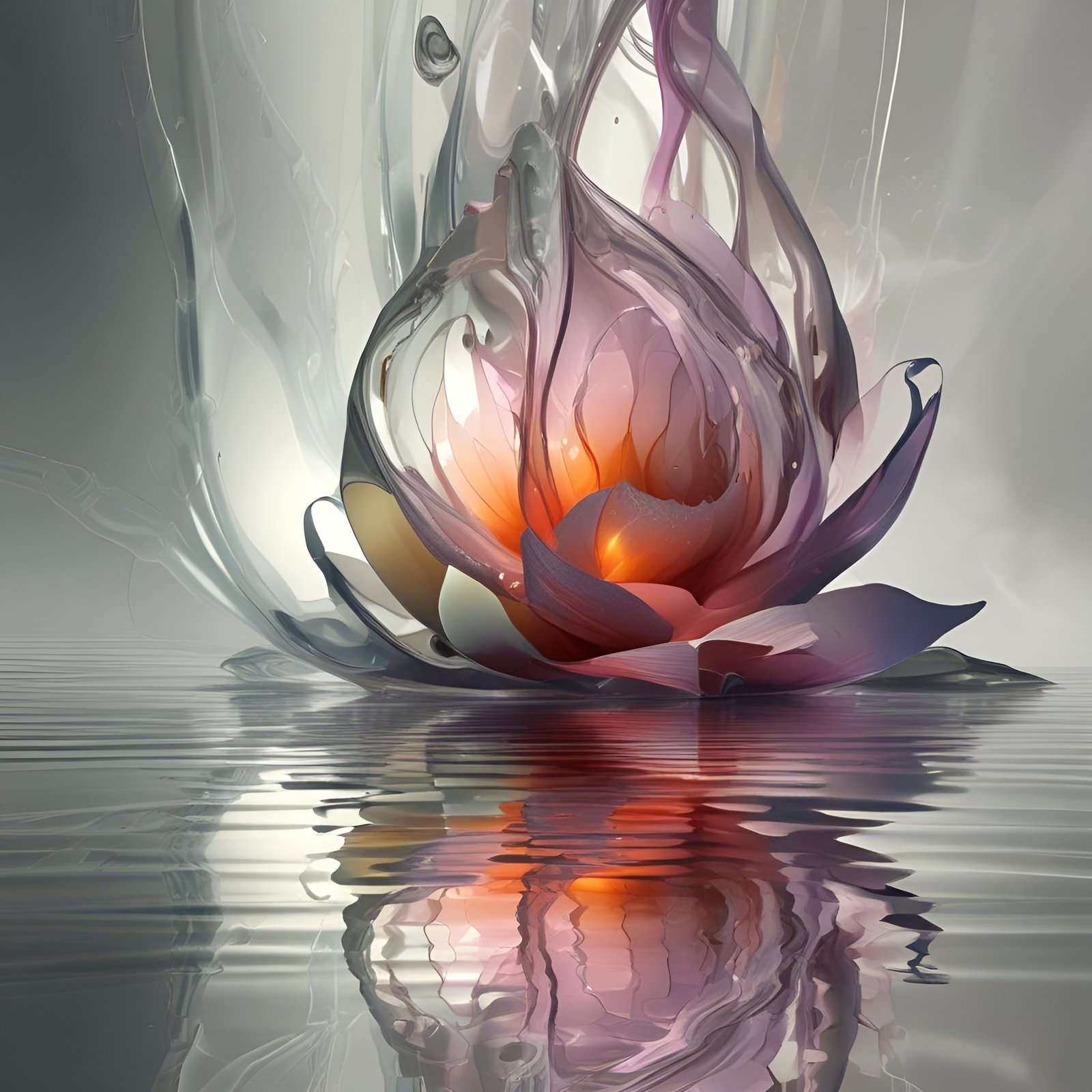 Abstract art of a translucent purple glass lotus with an orange glowing core on rippled silver water.