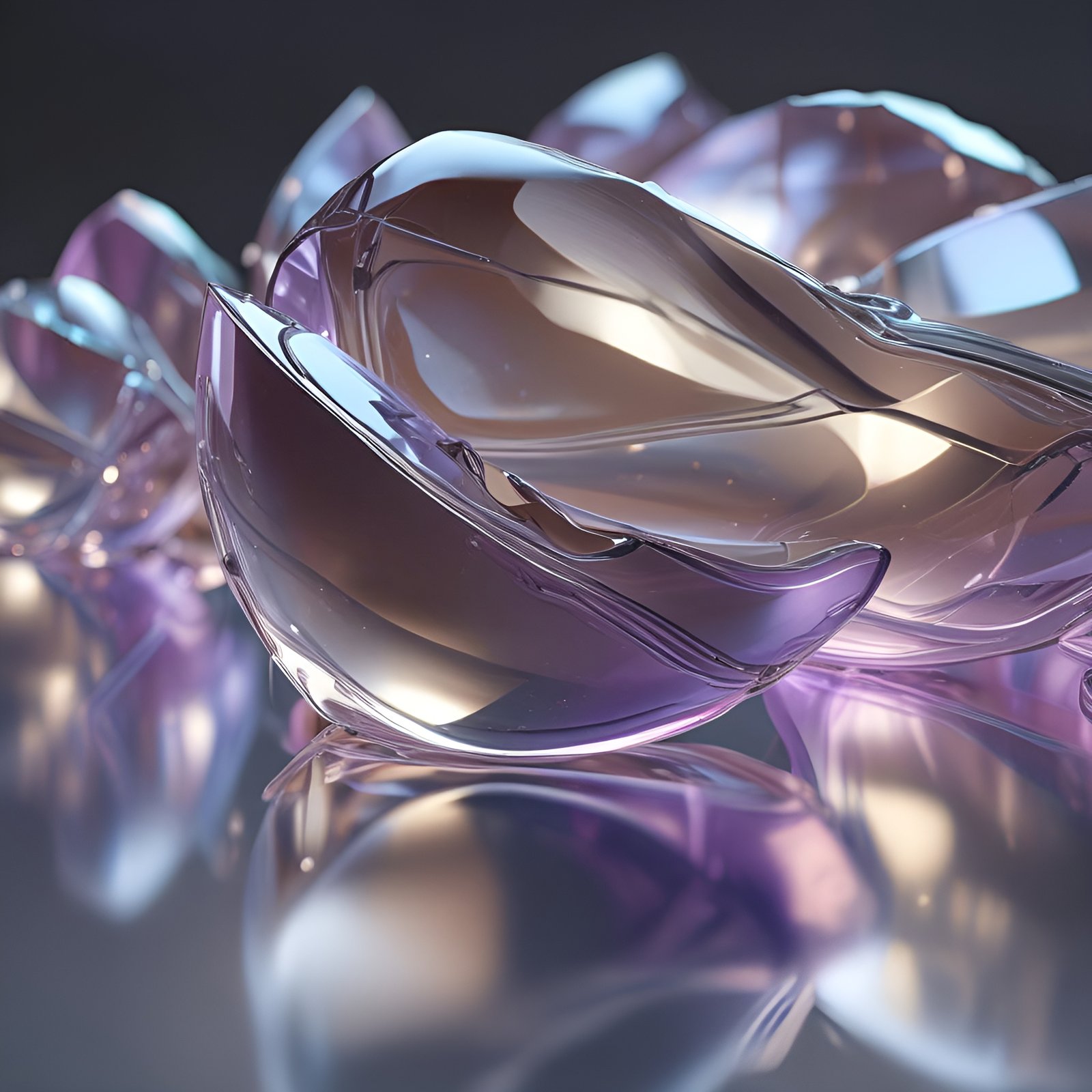 Abstract art of translucent purple and mauve glass petal bowls on a reflective table.