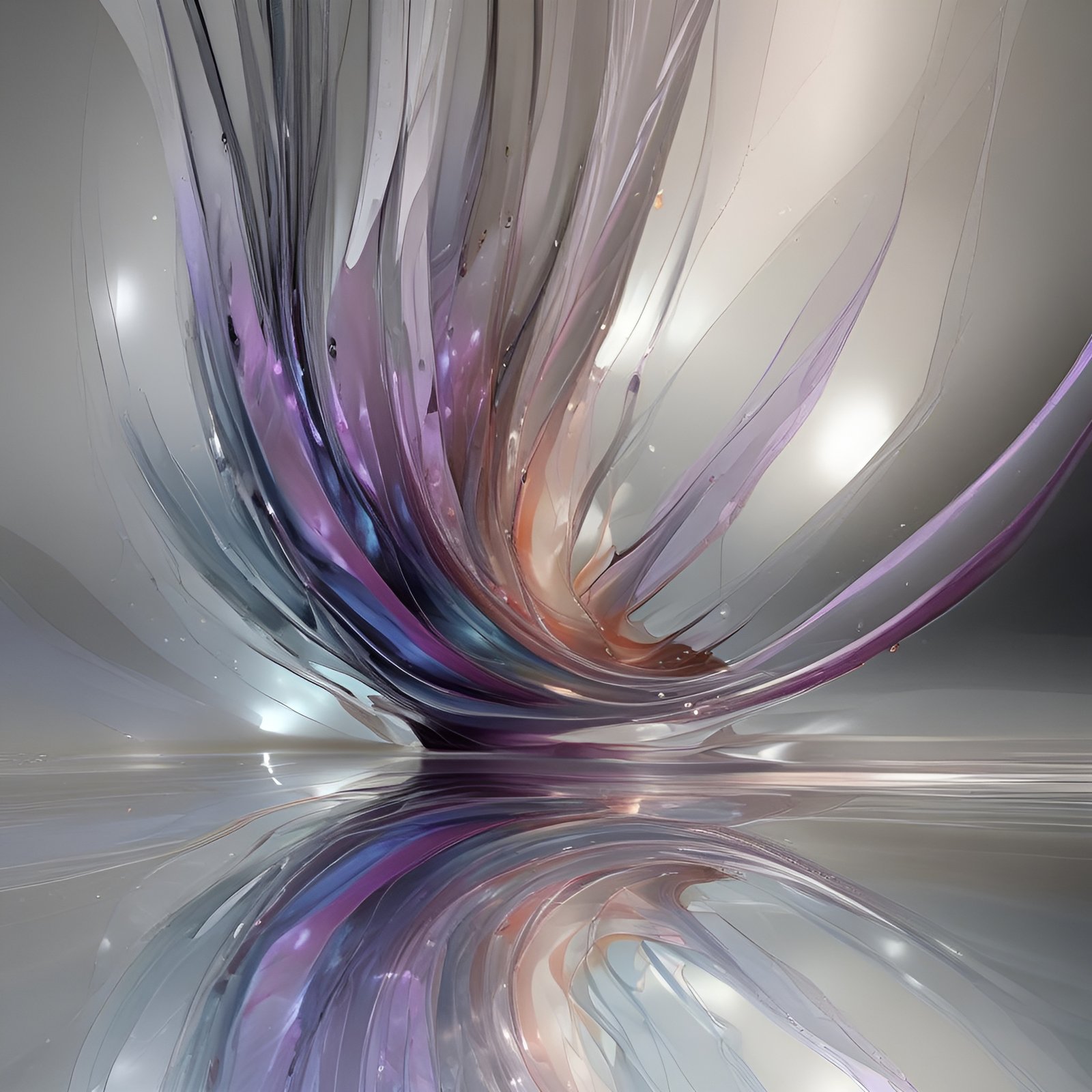 Purple and peach silk swirl rising from a mirror floor in abstract art