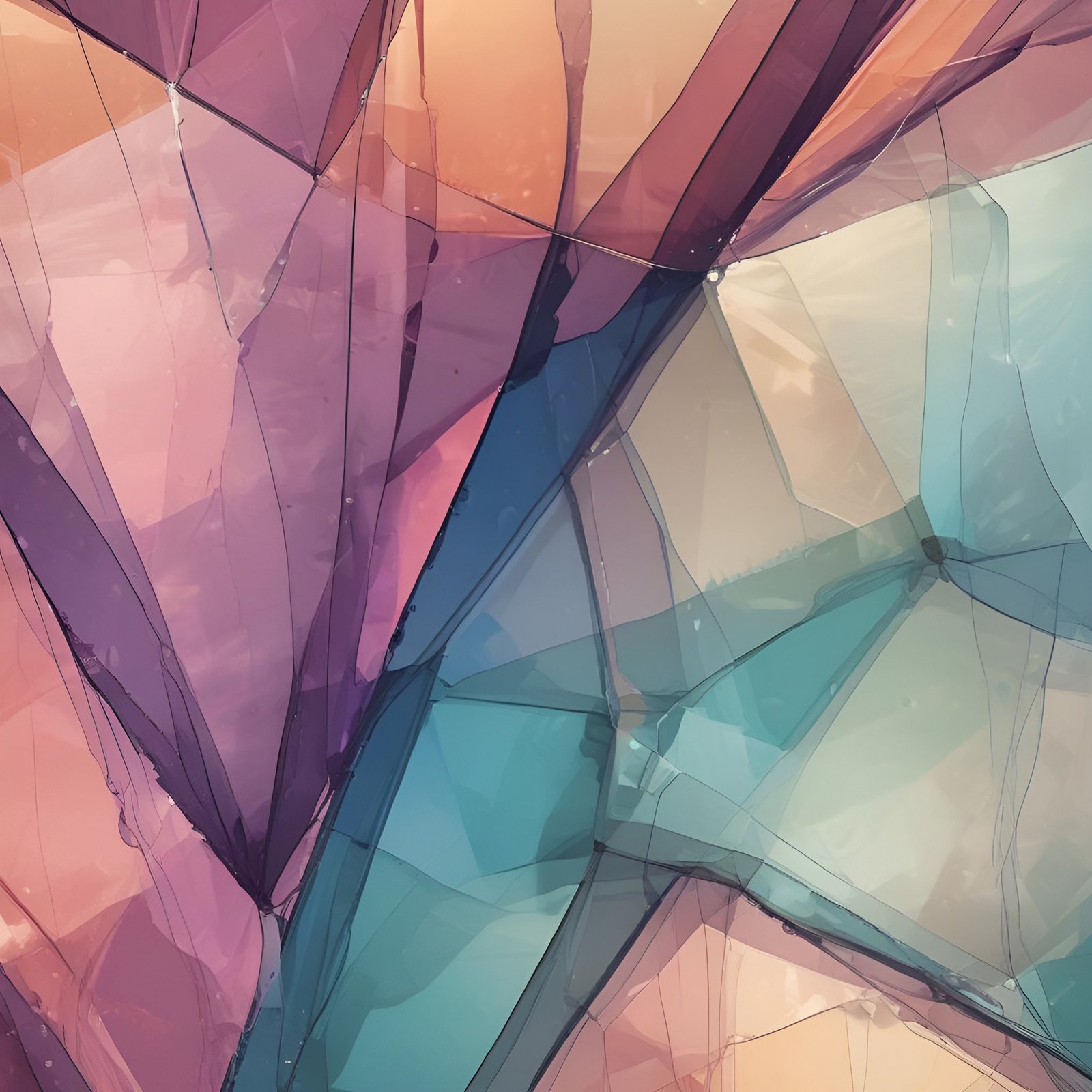 Abstract painting of translucent glass facets in purple pink teal and peach