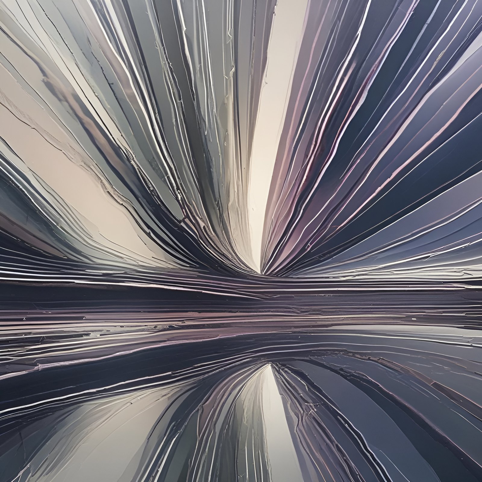 Abstract painting of radiating paint streaks in gray navy mauve and cream