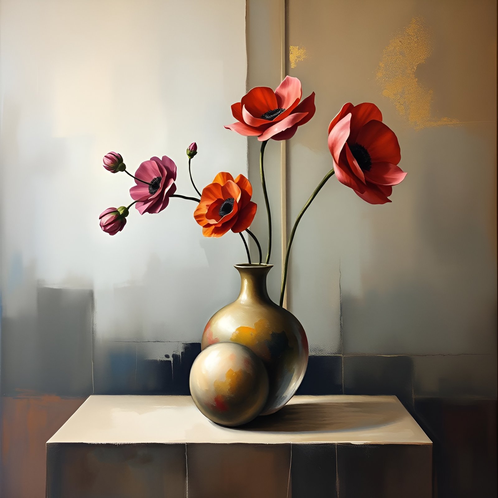 Still life painting of red coral orange and pink anemones in a gold brown vase
