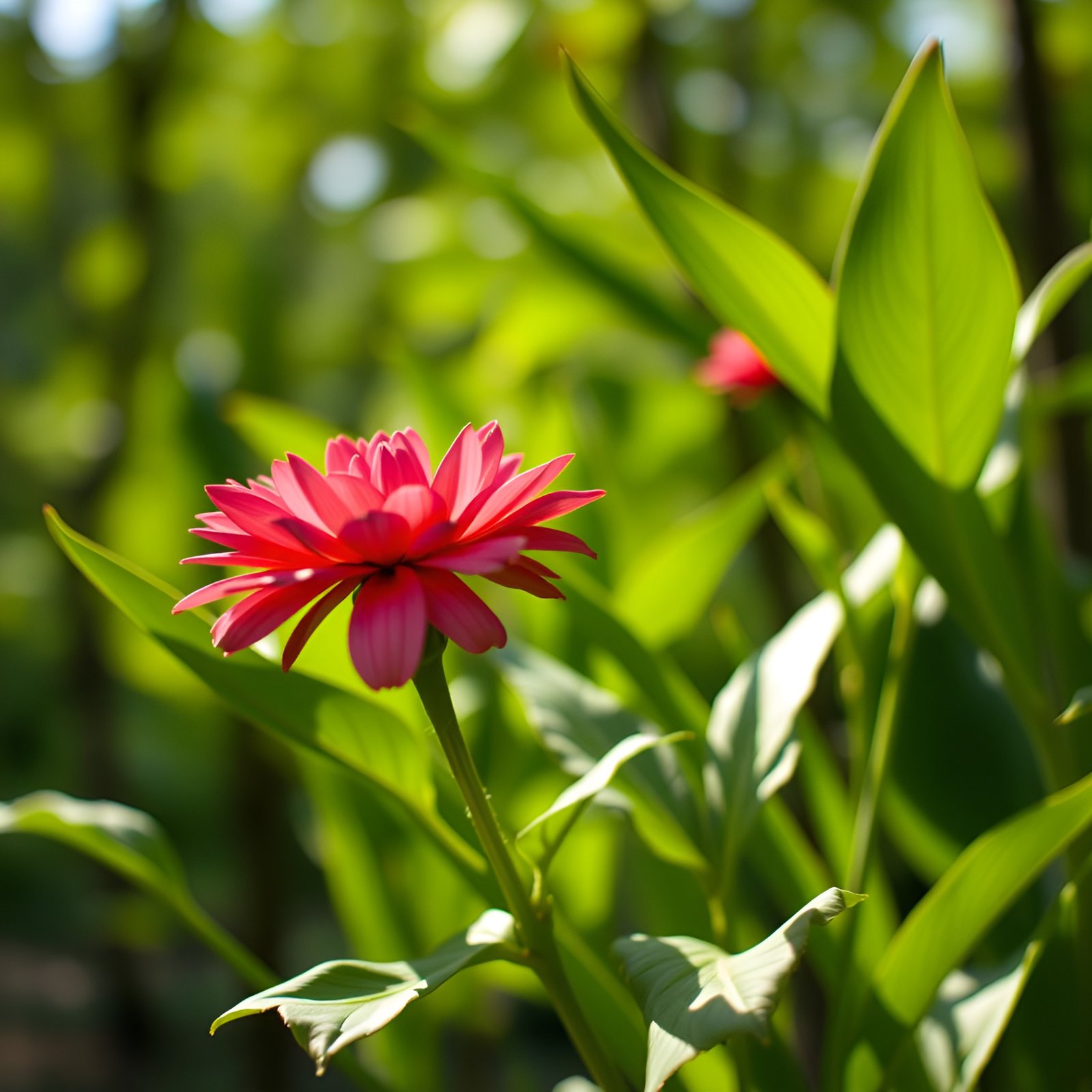 Red flower bud with pointed petals among green leaves in sunlight