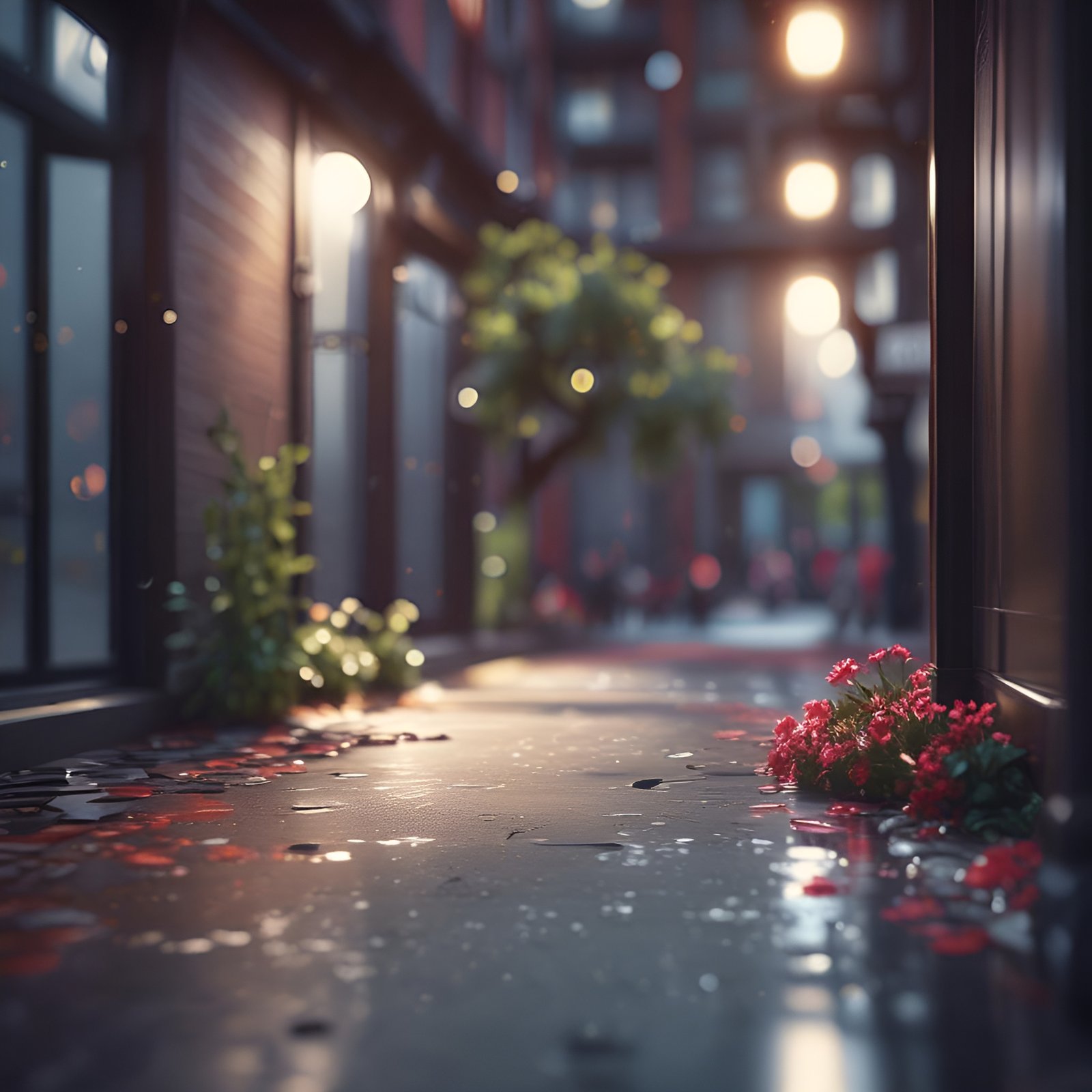 Photo of red geraniums in a wet city alley at dusk under street lamps