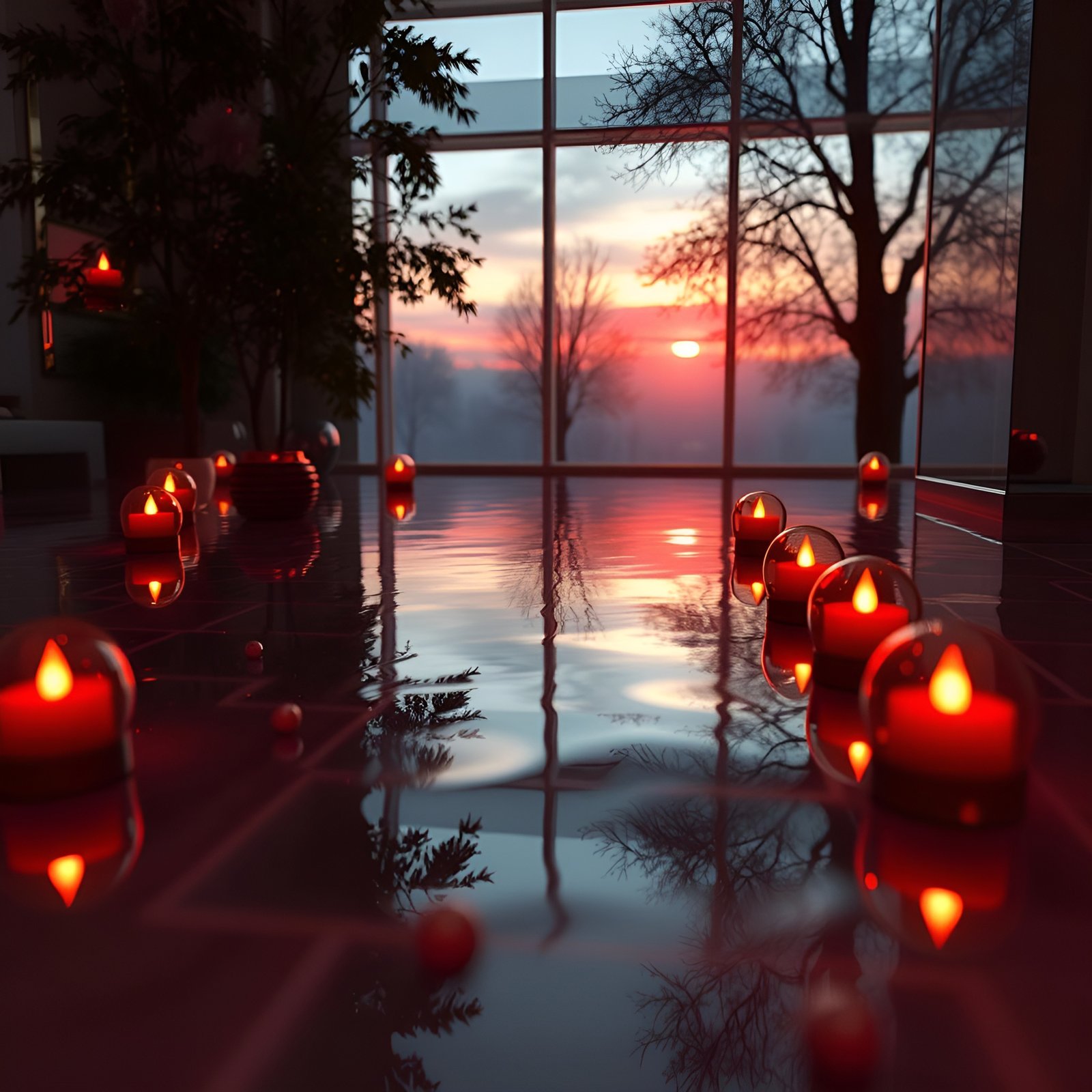 Photo of red globe candles on a tile floor by a winter sunset window
