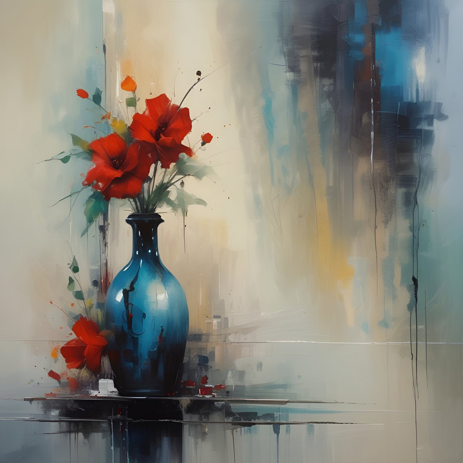 Painting of red poppies in a cobalt blue vase with one fallen bloom