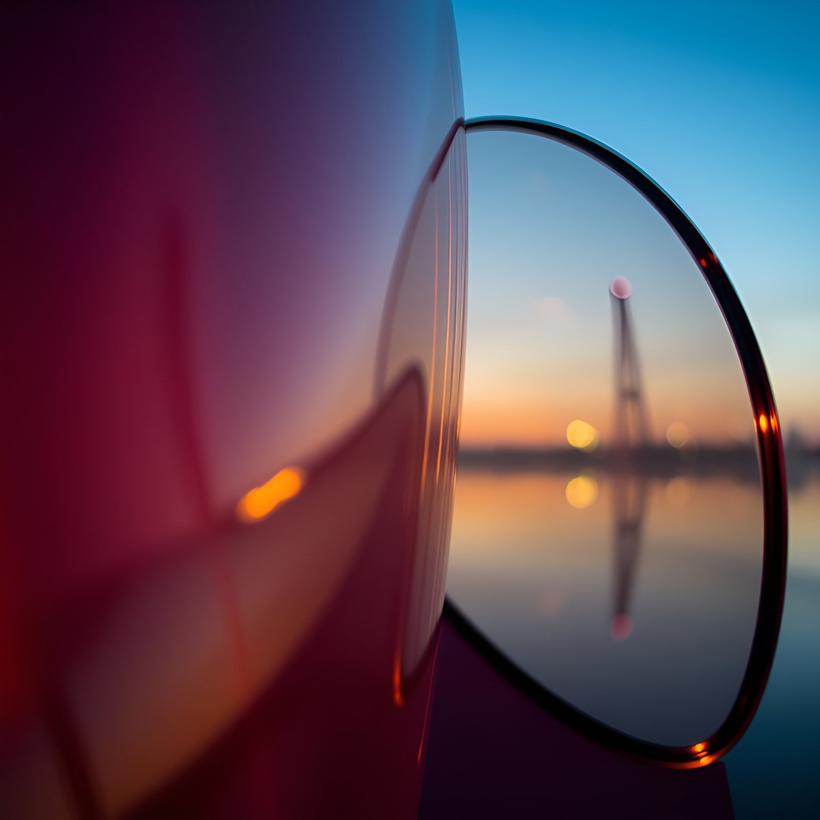An abstract art photo style with a red reflective orb and lens showing a tower at sunset over an evening lake