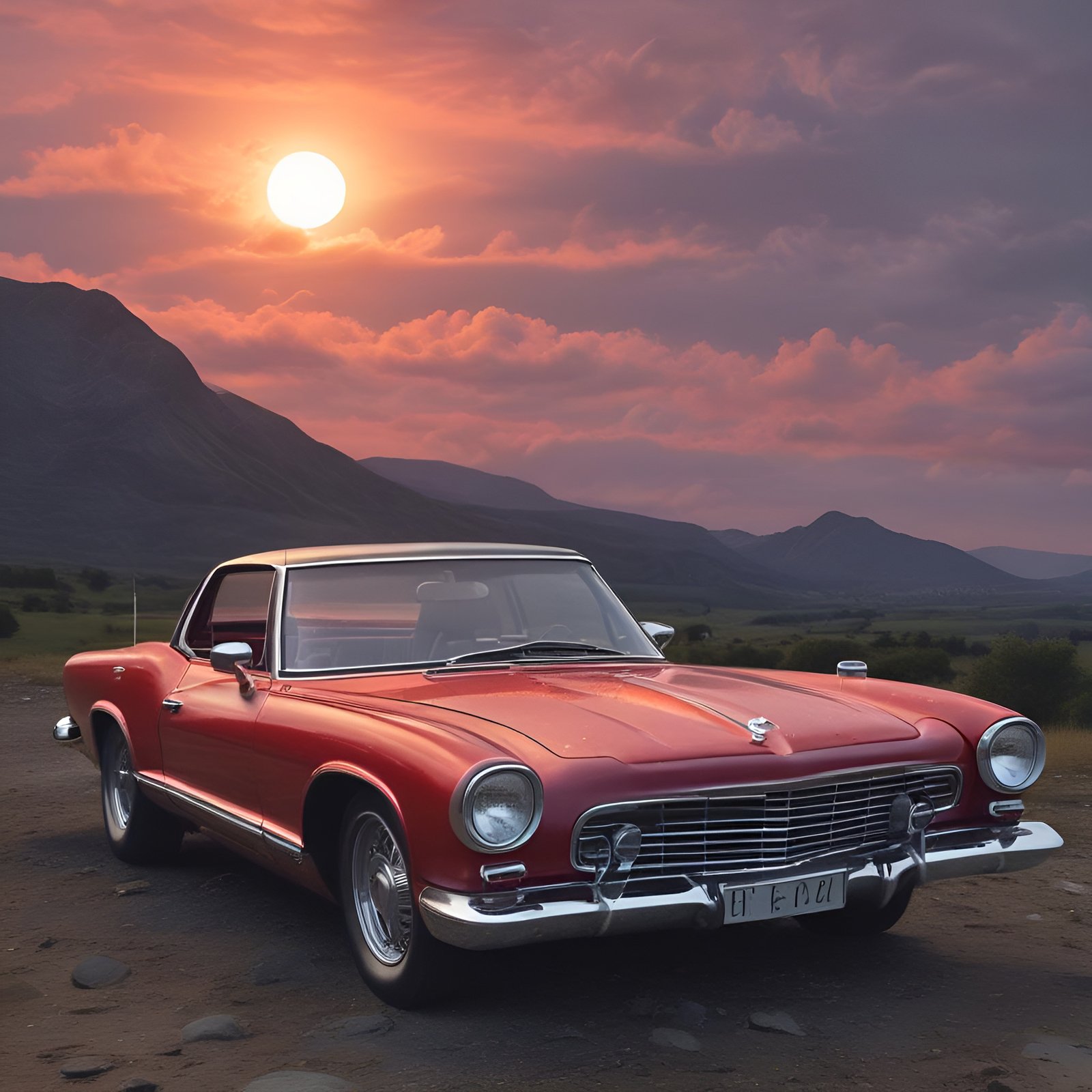 Red vintage car parked at sunset with mountains and cloudy sky