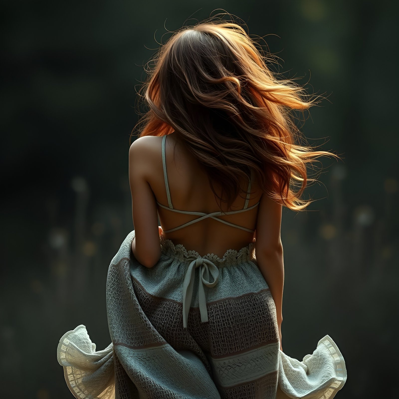 Painting of a redhead woman in a pale green top and striped lace skirt in a dark forest