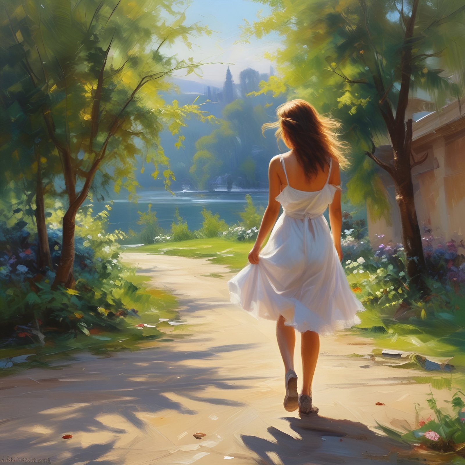 Painting of a redhead woman in a white spaghetti strap dress on a sunlit lakeside path