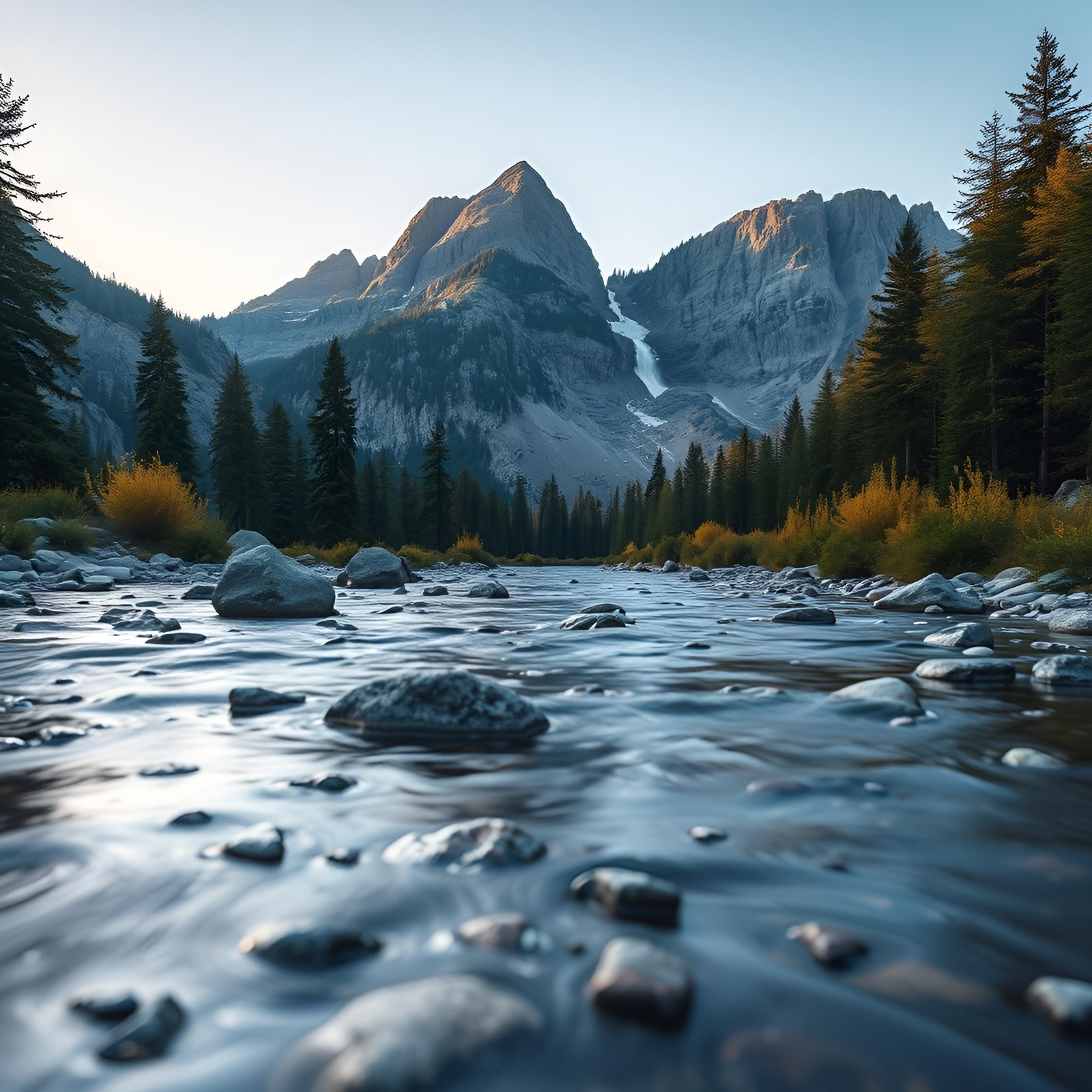 River flowing over rocks towards mountains with waterfall and forest trees at dawn