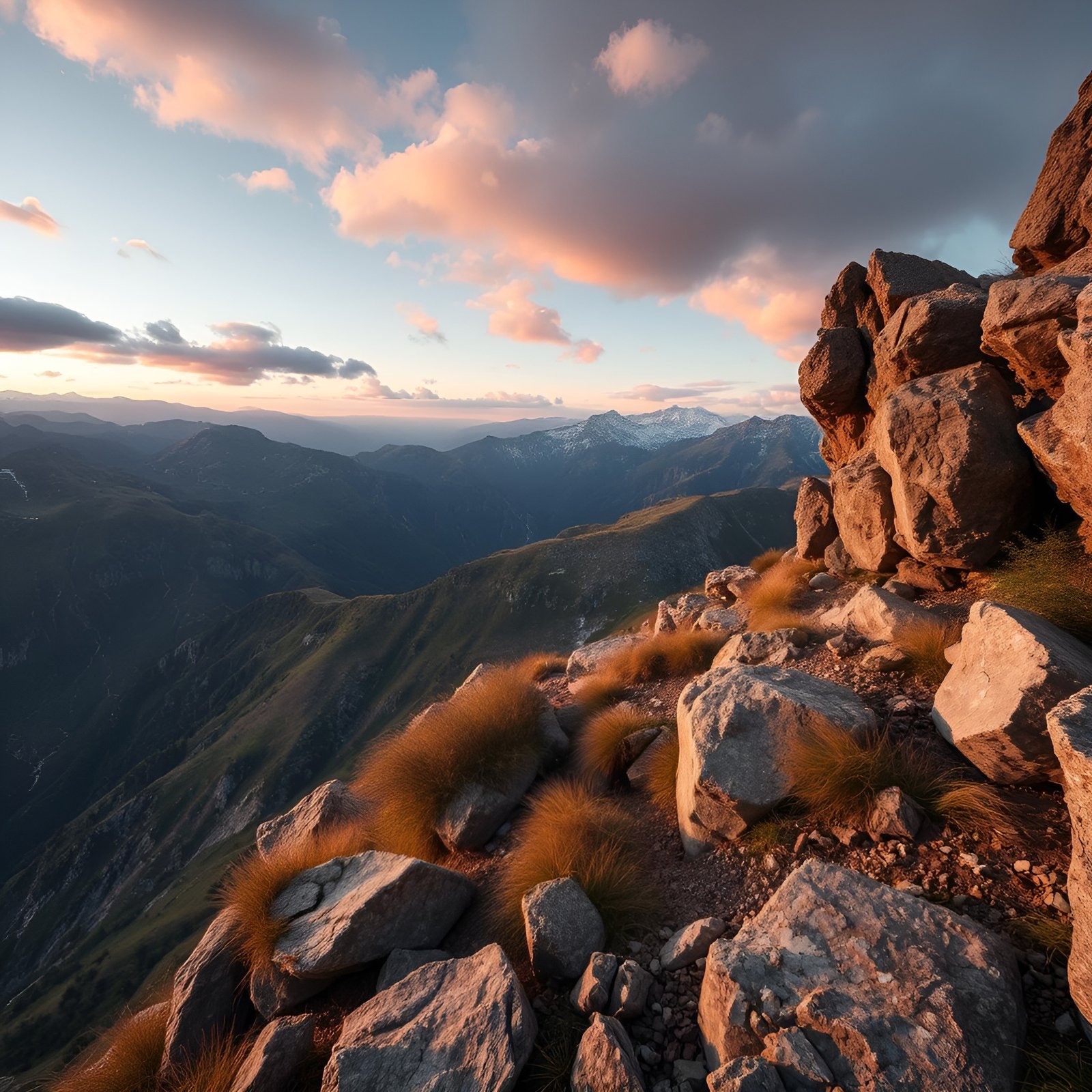 Rocky mountain peak at sunset with pink clouds and grass tufts overlooking valley