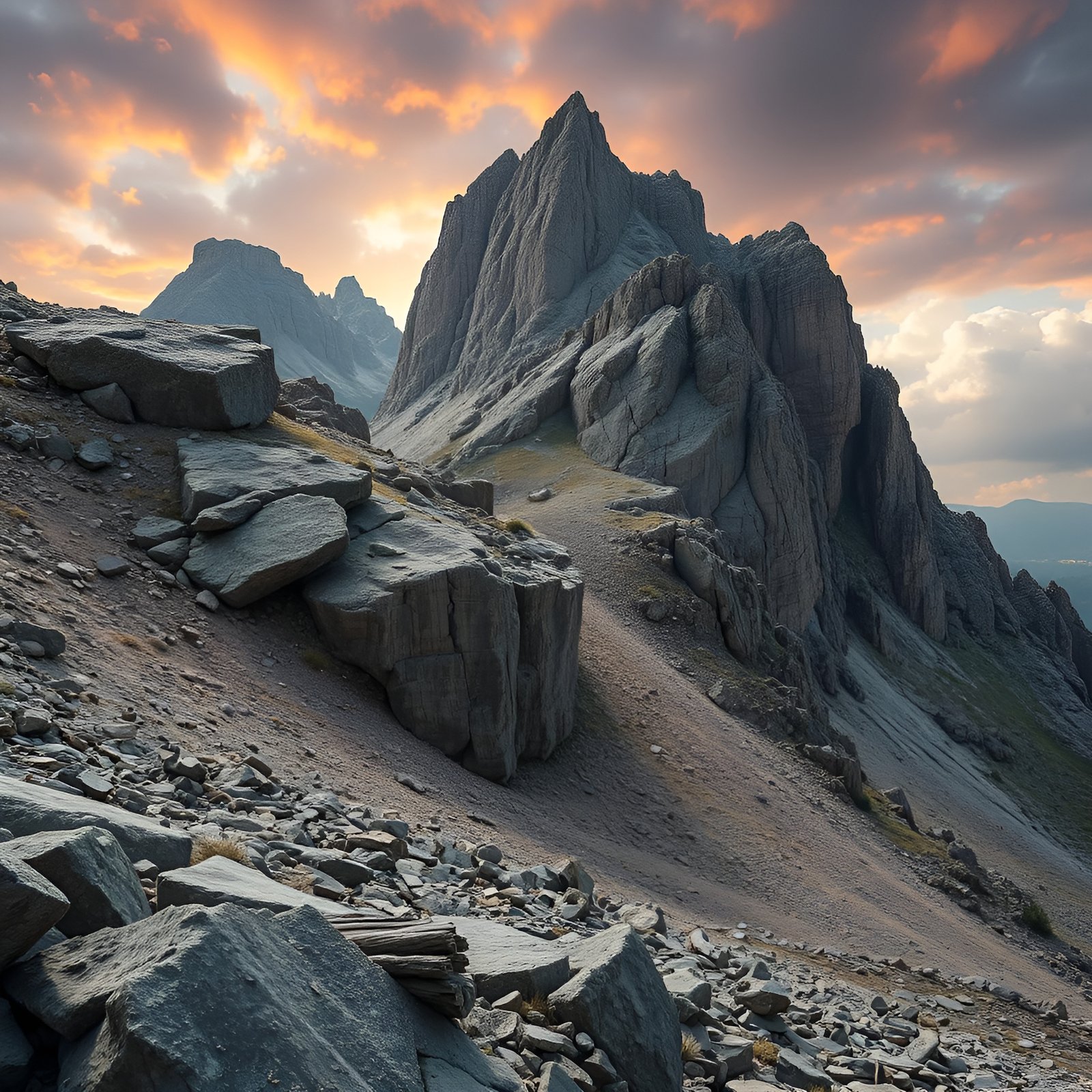 Rocky mountain peaks at sunset with clouds in dolomites style landscape