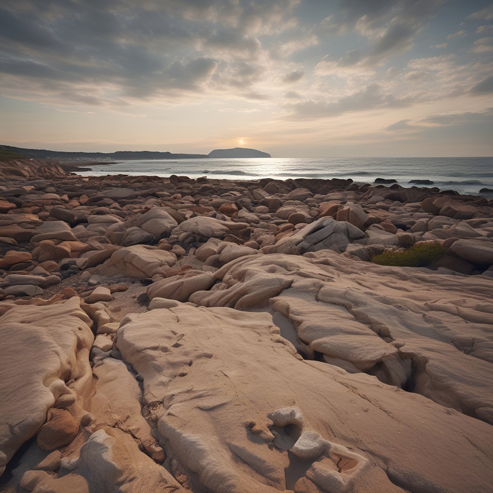 Photo of a rocky sandstone shore at sunrise with a calm sea and scattered boulders