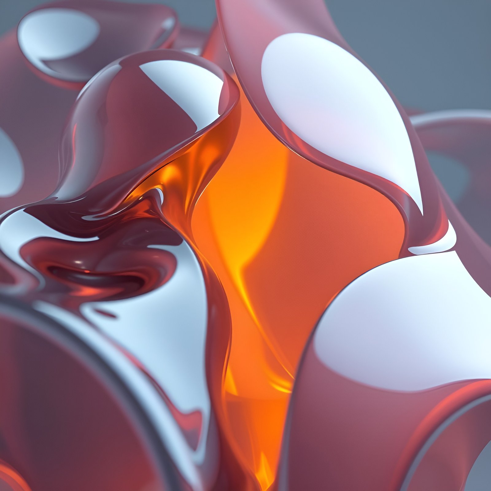 Abstract art of glossy rose, chrome, and amber curved glass forms with white highlights.