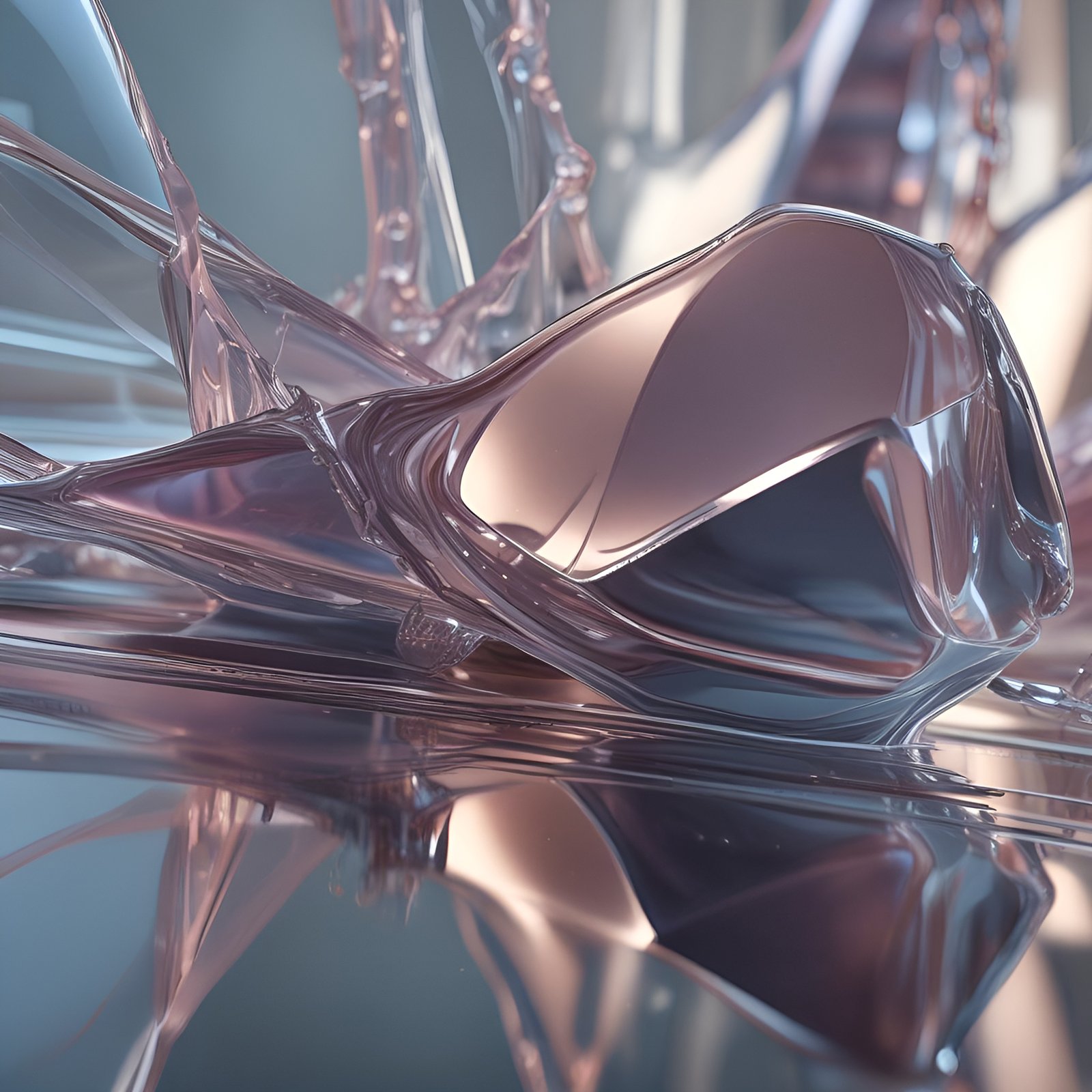 Abstract art of a rose-gold and mauve glass splash on a mirror table with thin liquid strands and a clear reflection.