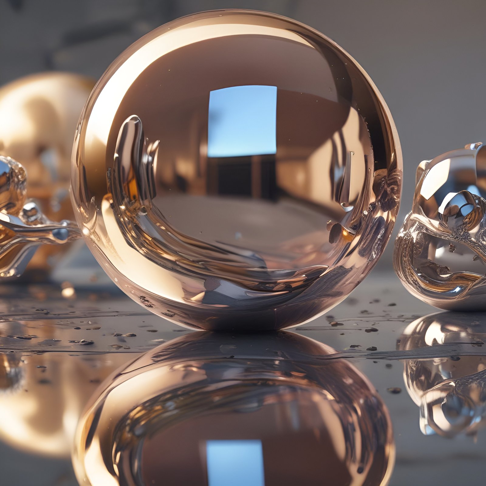 Abstract art shiny gold spheres and shapes on wet surface with reflections