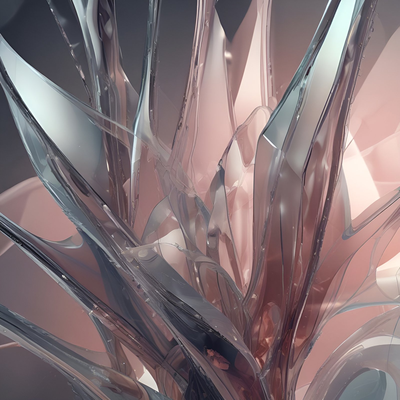 Rose pink glass leaf shards with steel gray in abstract art