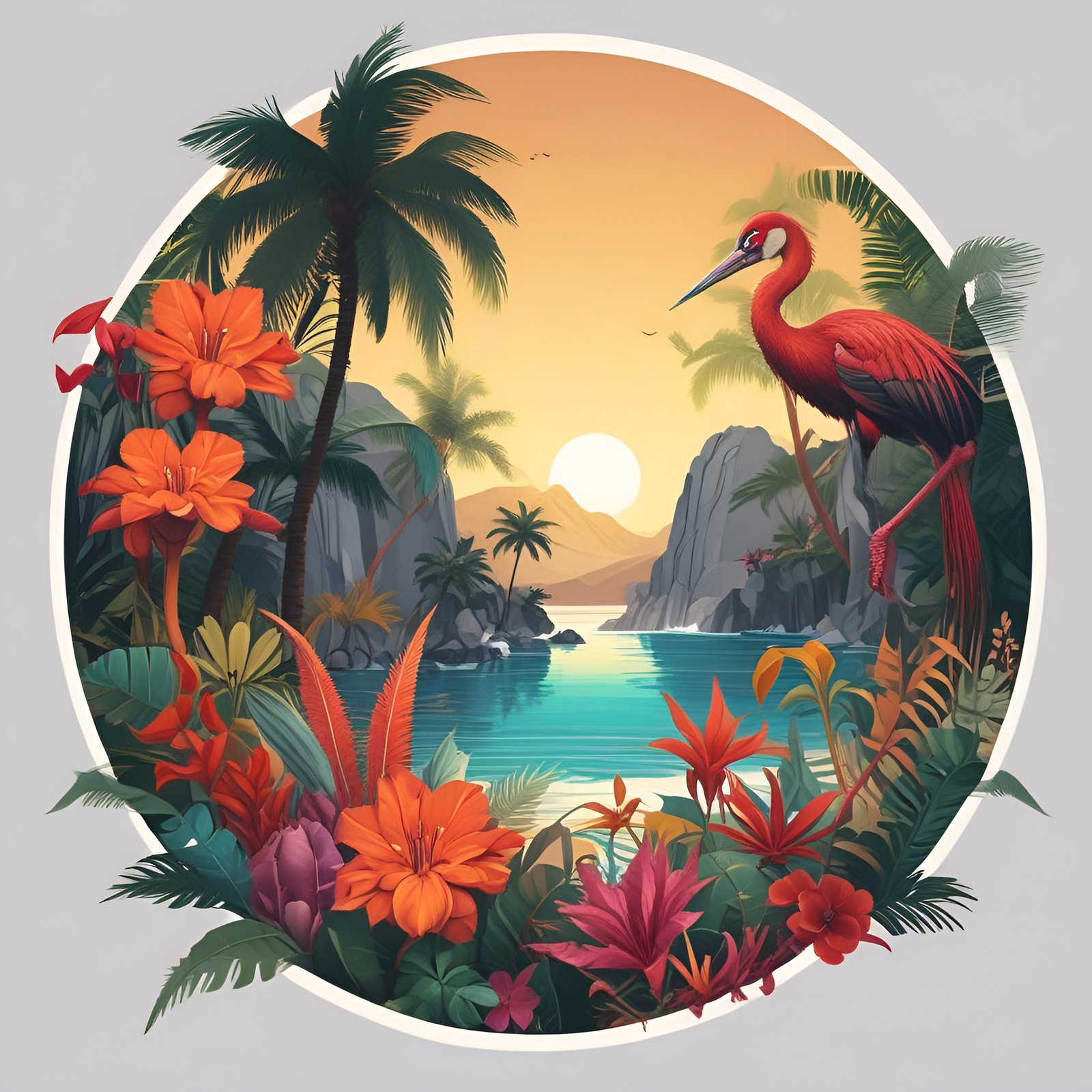 A poster art round tropical lagoon at sunset with coconut palms, orange lilies, magenta hibiscus, and a red crane on a rock.