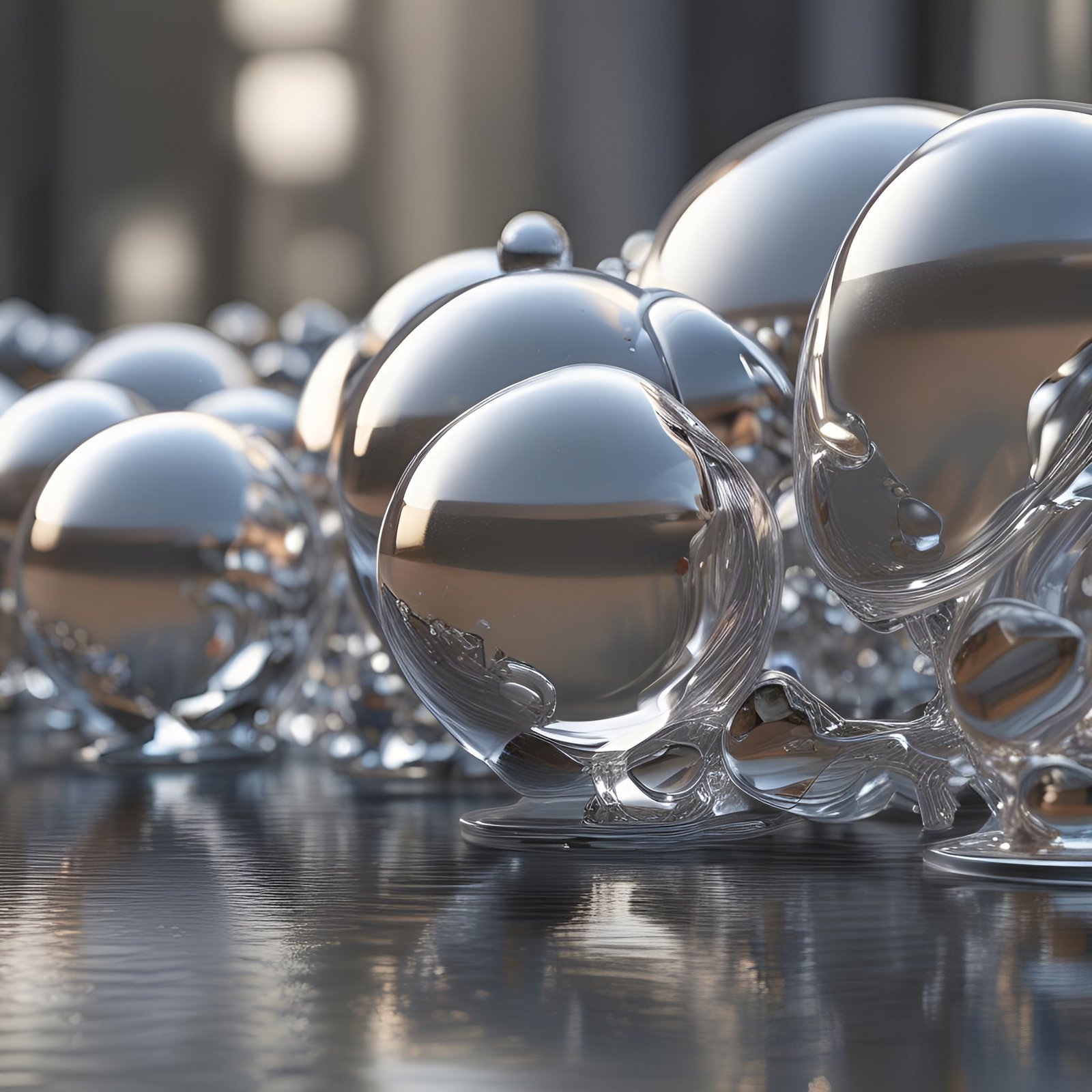 Abstract art of a row of clear glass orbs on a wet table receding into warm indoor light.