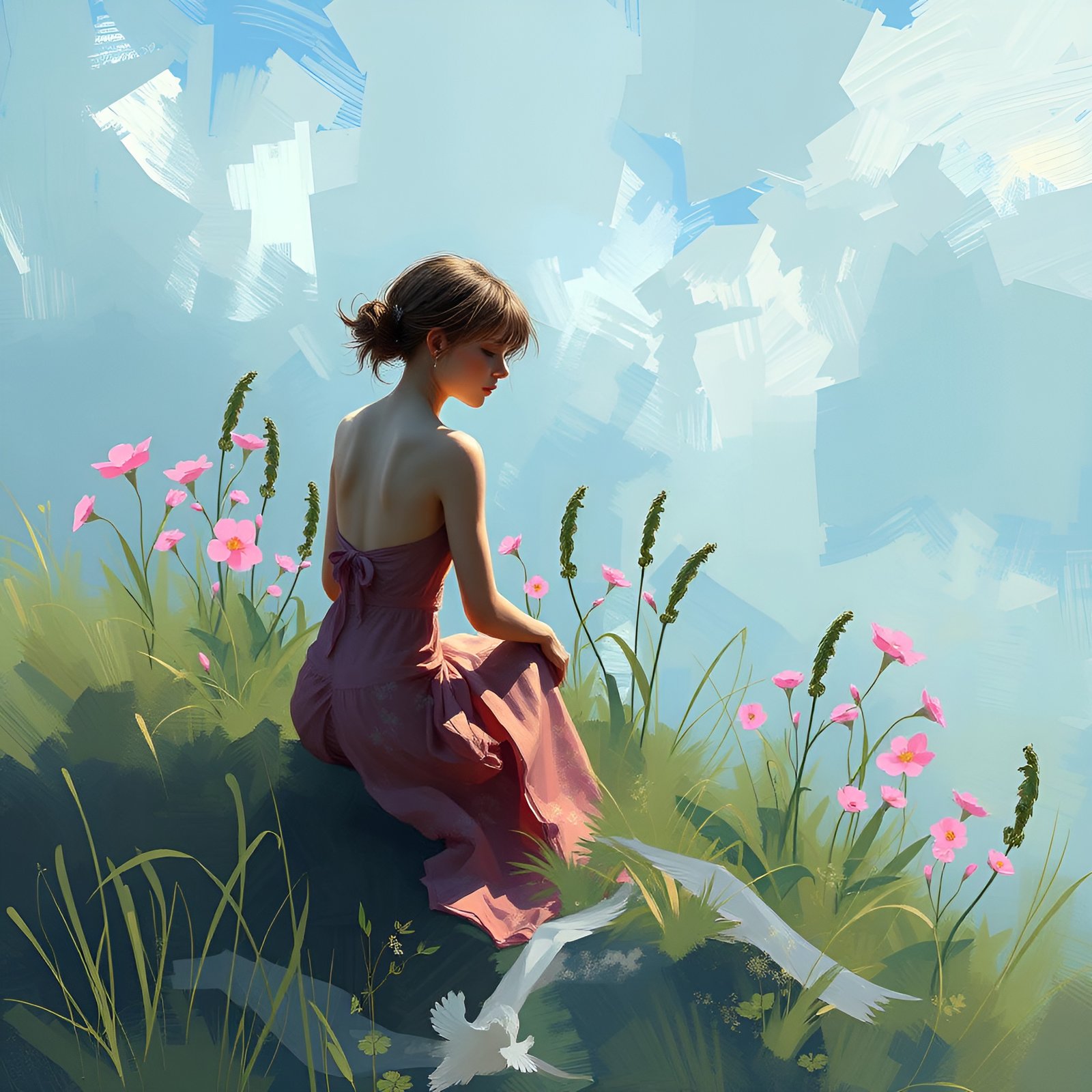 A painting of a seated woman in a dusty rose strapless dress looking down among pink cosmos flowers and a white gull.