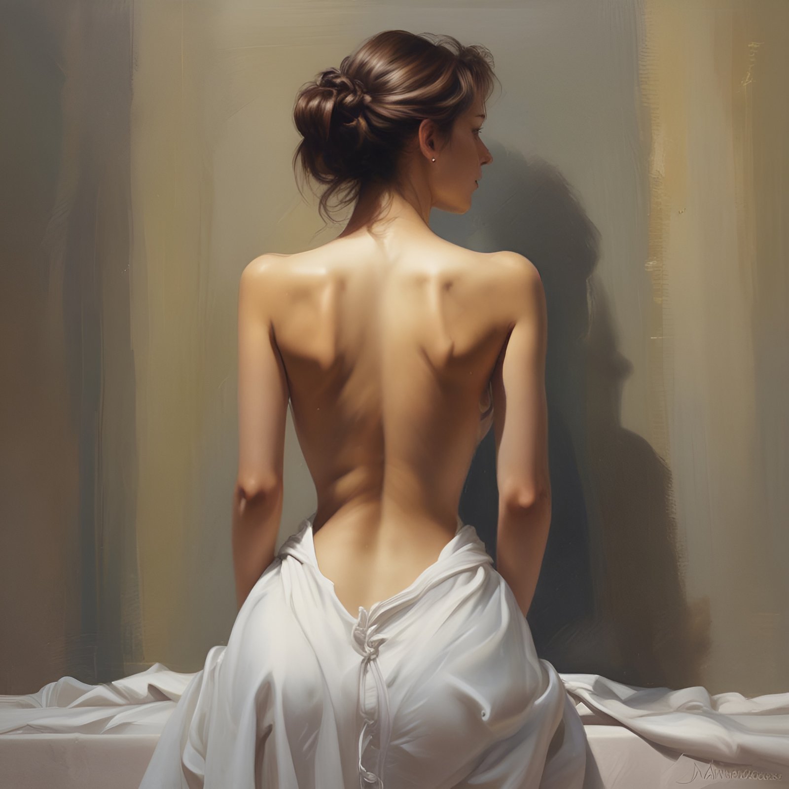 A painting of a seated woman in back view with white cloth at the hips looking aside in a cream studio.