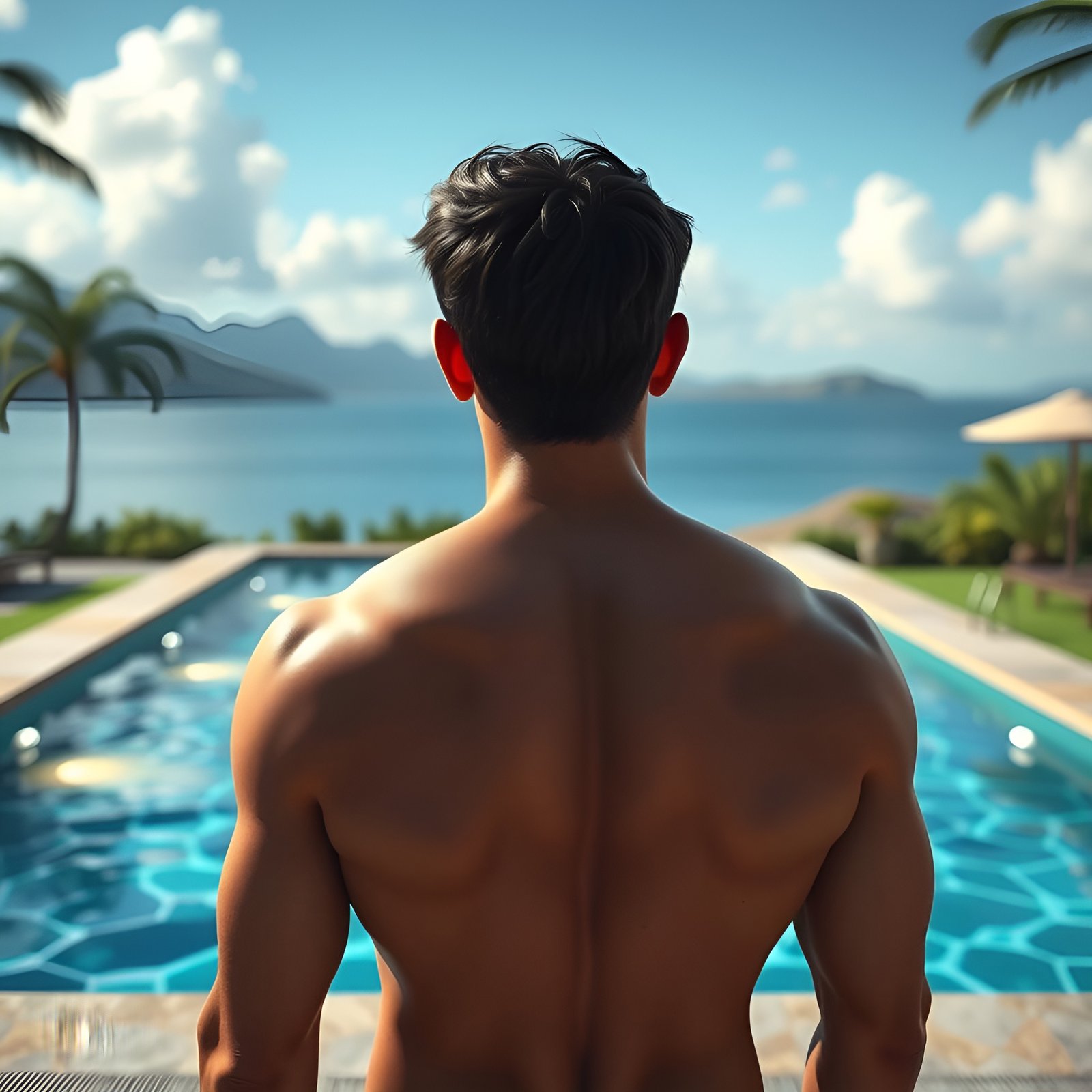 Photo of a shirtless man with muscles from back at infinity pool overlooking ocean