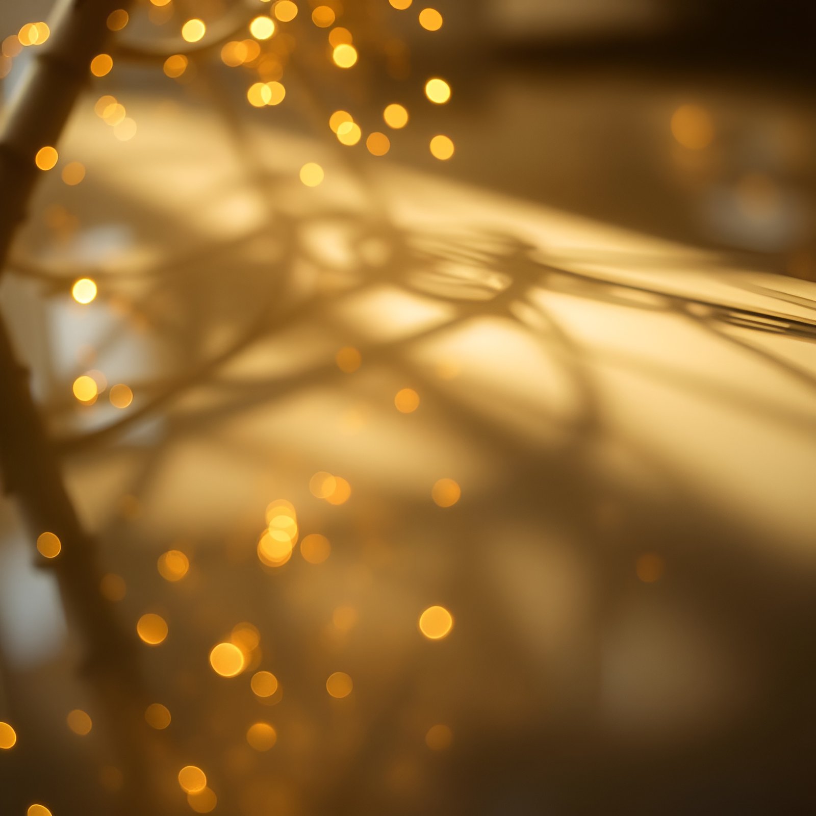 An abstract image of soft-focus gold fairy lights as circular bokeh with twig shadows on a warm cream wall.