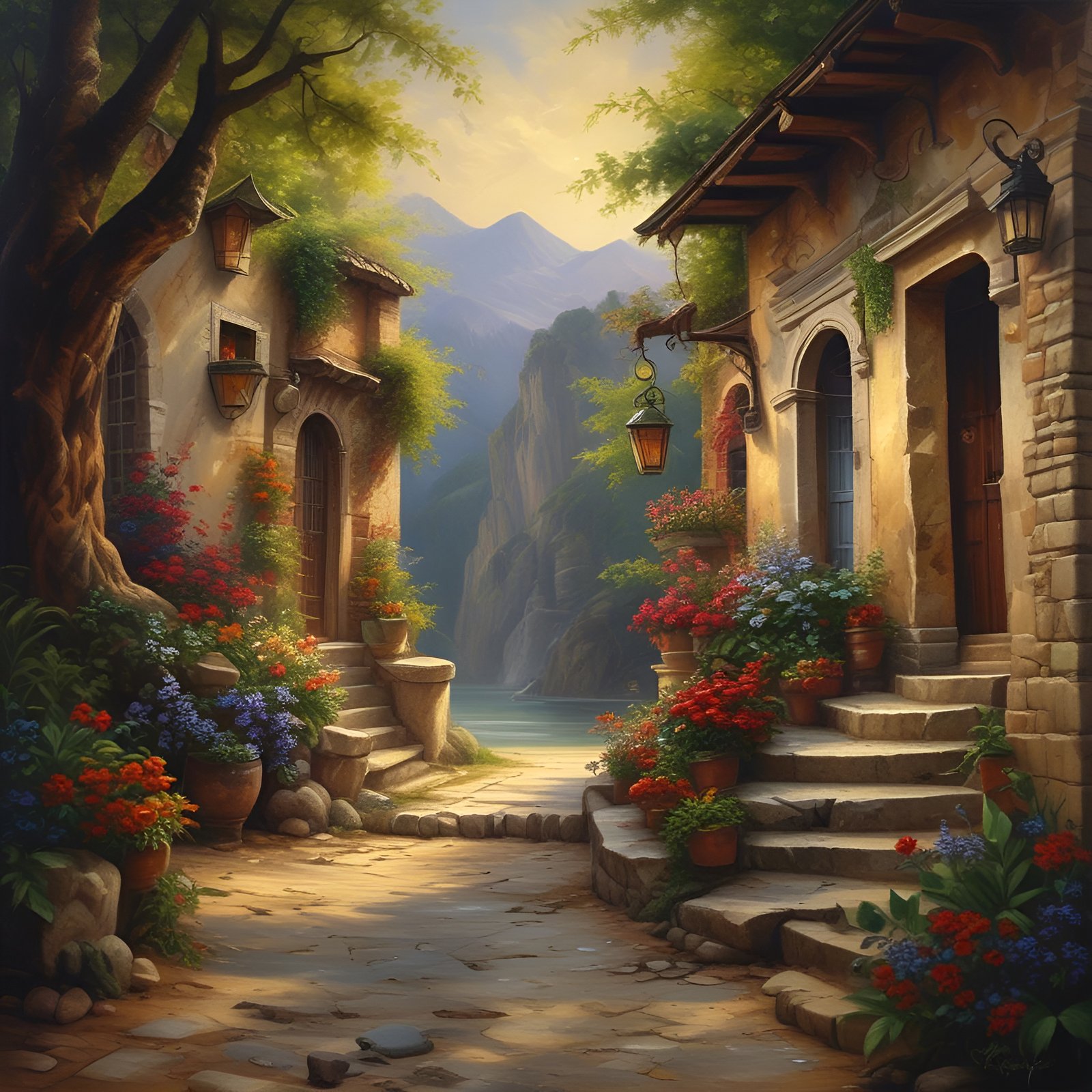 An oil painting style of a stone village lane with hanging lanterns and terracotta pots of red geraniums opening onto a mountain gorge and lake.
