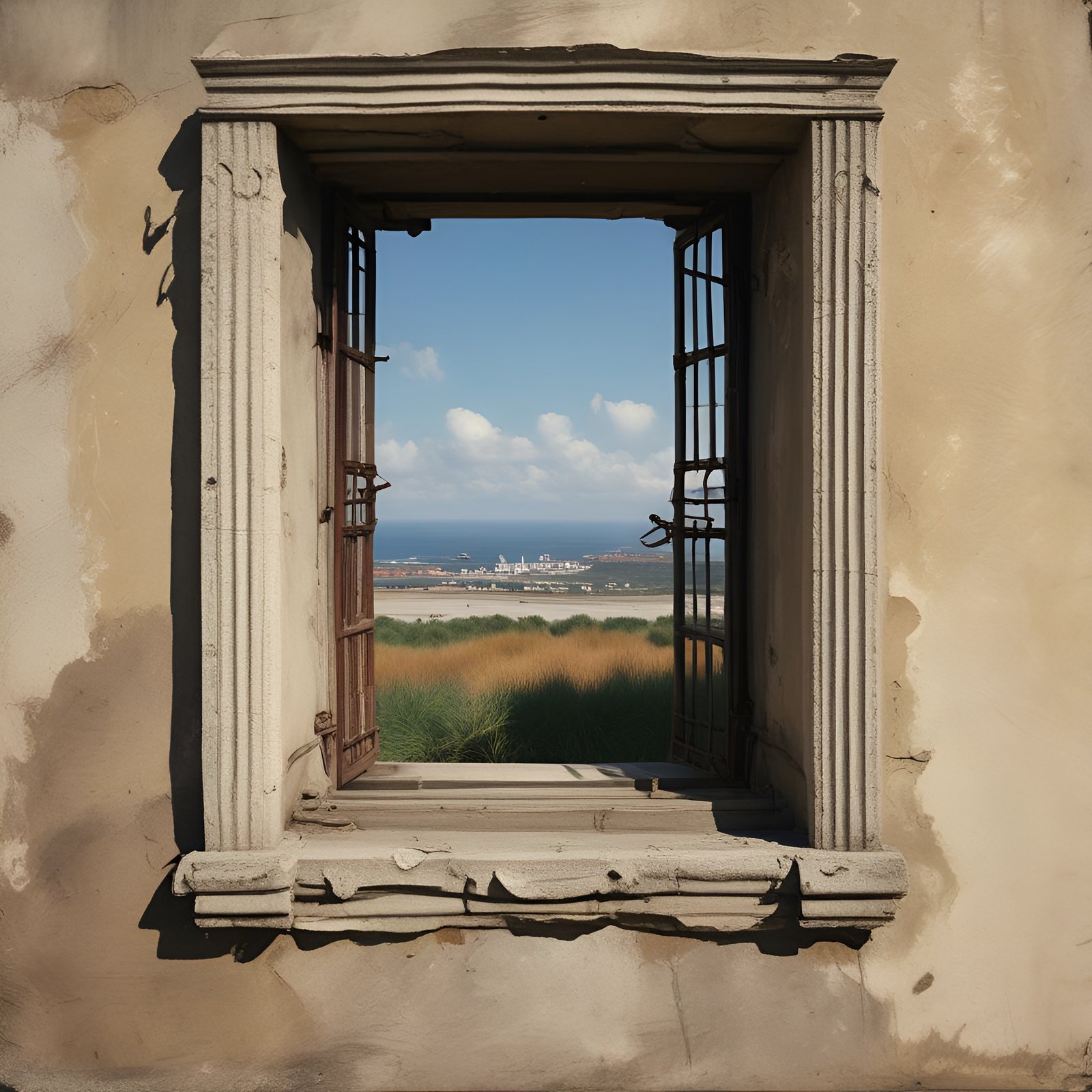 Photo of a stone window with wooden shutters looking over coastal dunes and a harbor