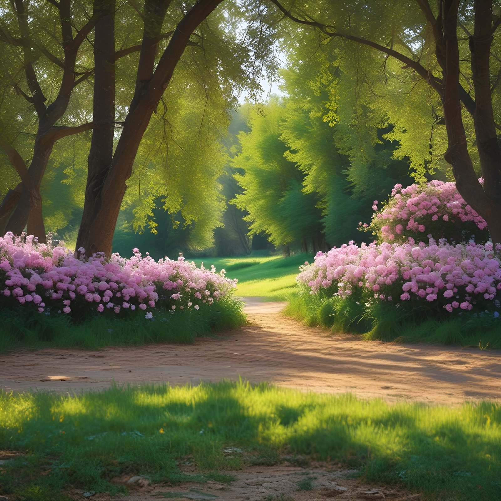 A floral photograph of a sunlit dirt path through a park bordered by mounds of pink hydrangea blooms.