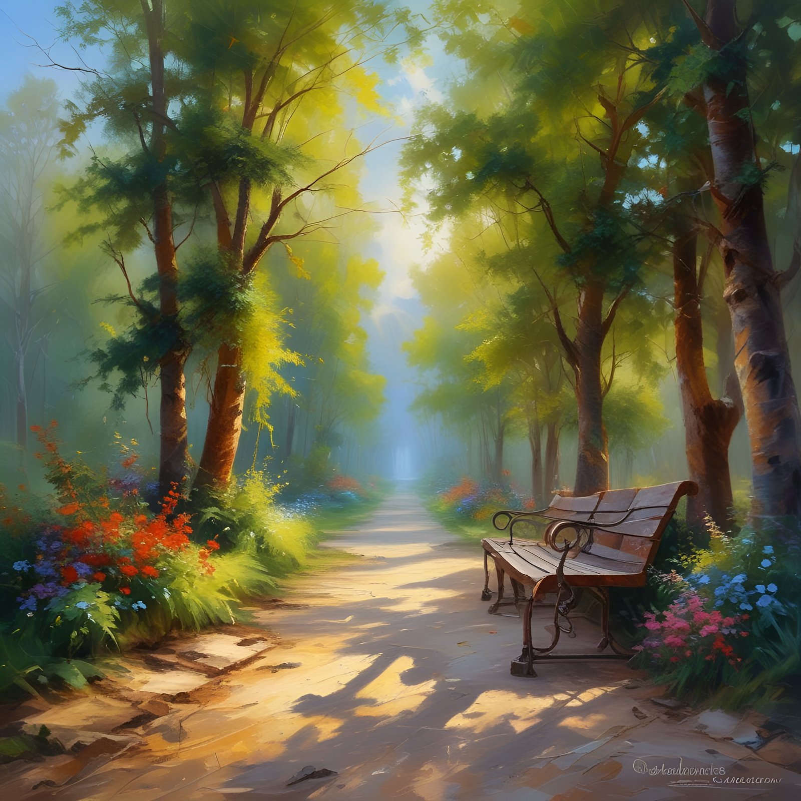 An oil painting style of a sunlit park path with an empty wooden bench, birch trunks, and red and blue wildflowers.