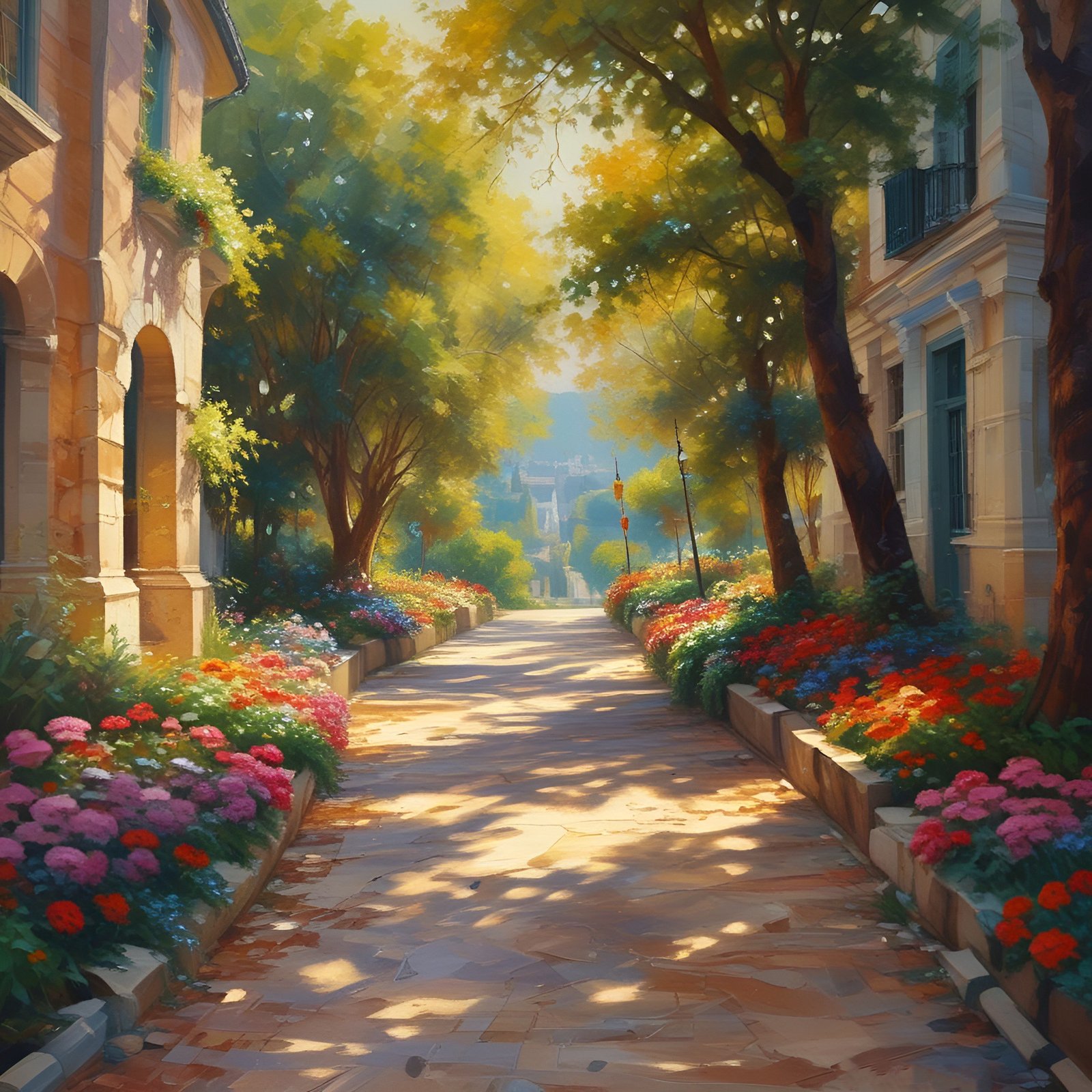 An oil painting style of a sunlit stone walk between ochre townhouses lined with pink zinnias, red geraniums, and orange marigolds.