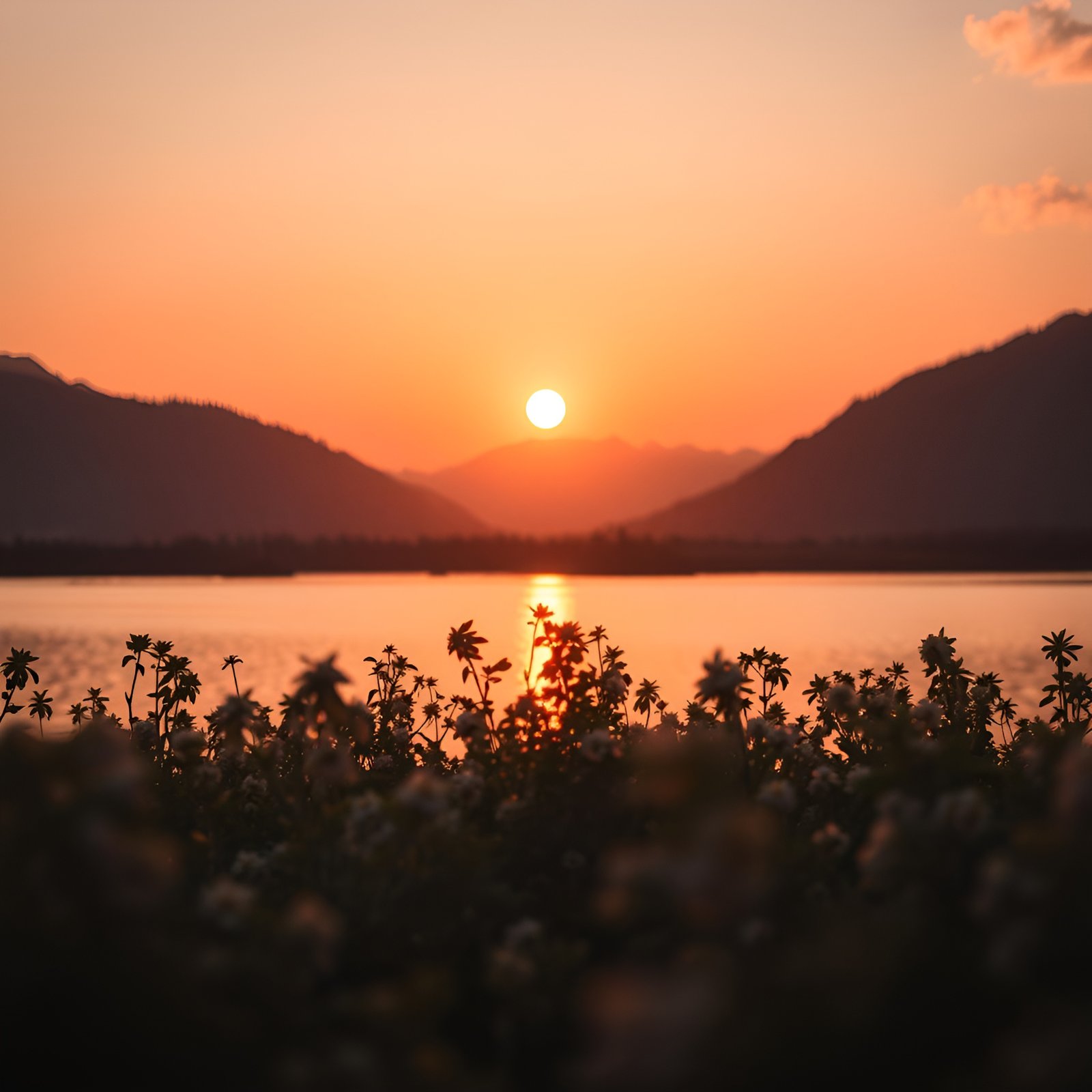 Sunset over lake with mountains and white flowers in foreground reflecting in water