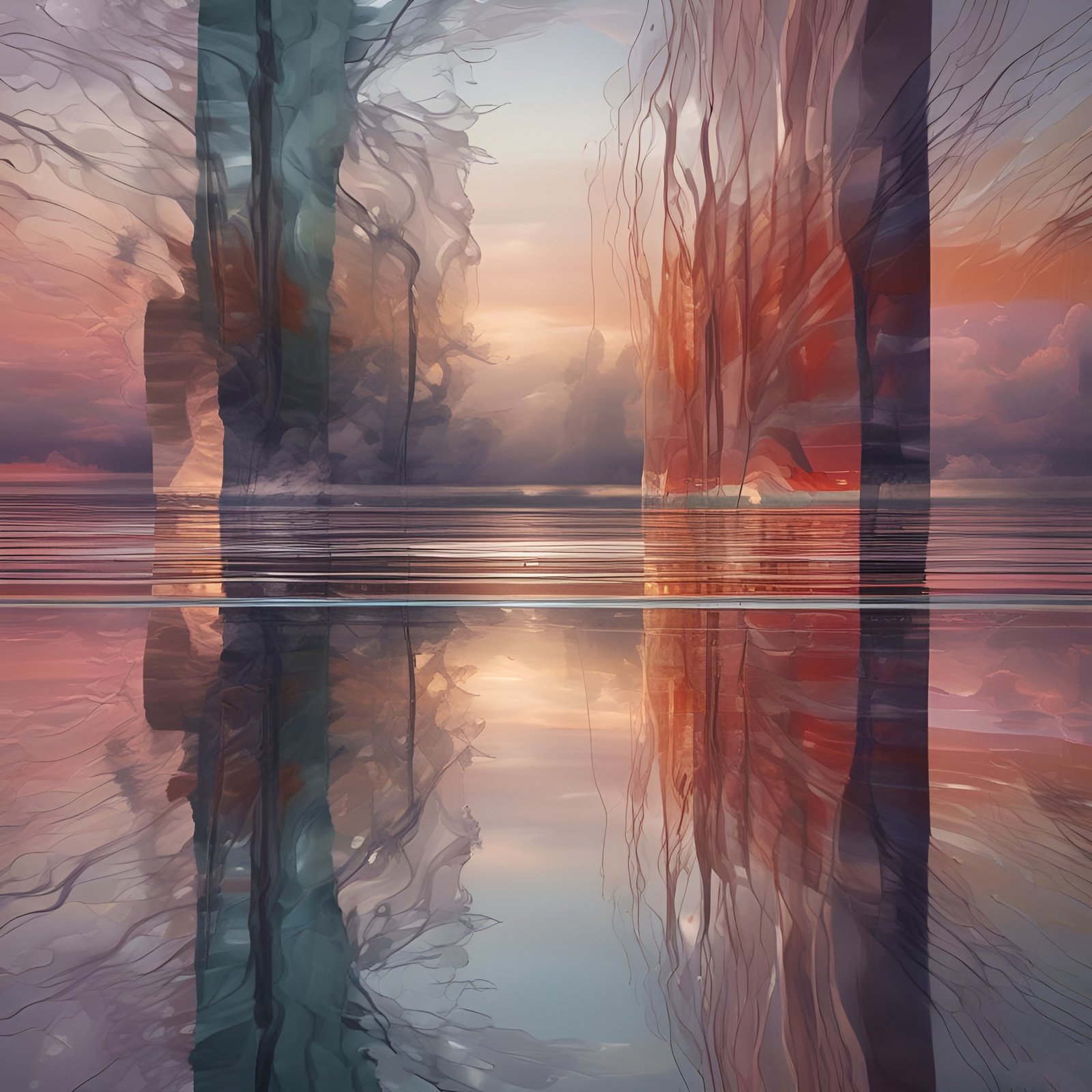 Painting of a sunset seascape with teal and rust tree forms reflected in still water