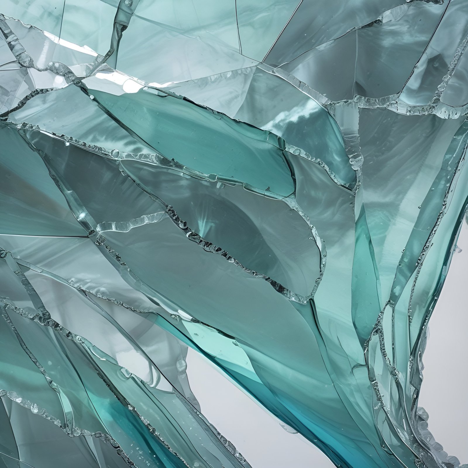 Abstract art of teal and aqua cracked glass sheets with jagged seams like overlapping ice plates.