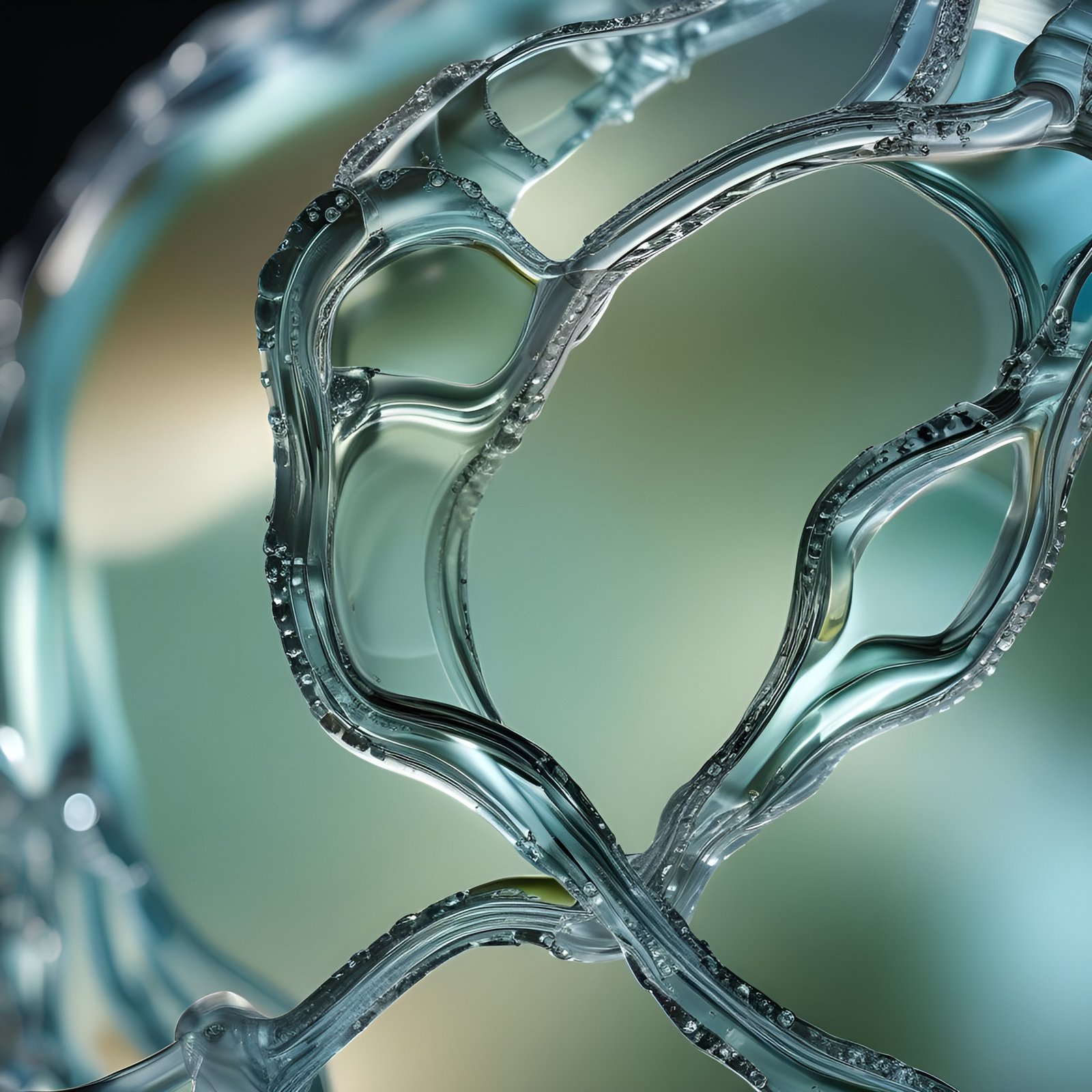 Teal green glass lattice with bubbles in a honeycomb loop in abstract art