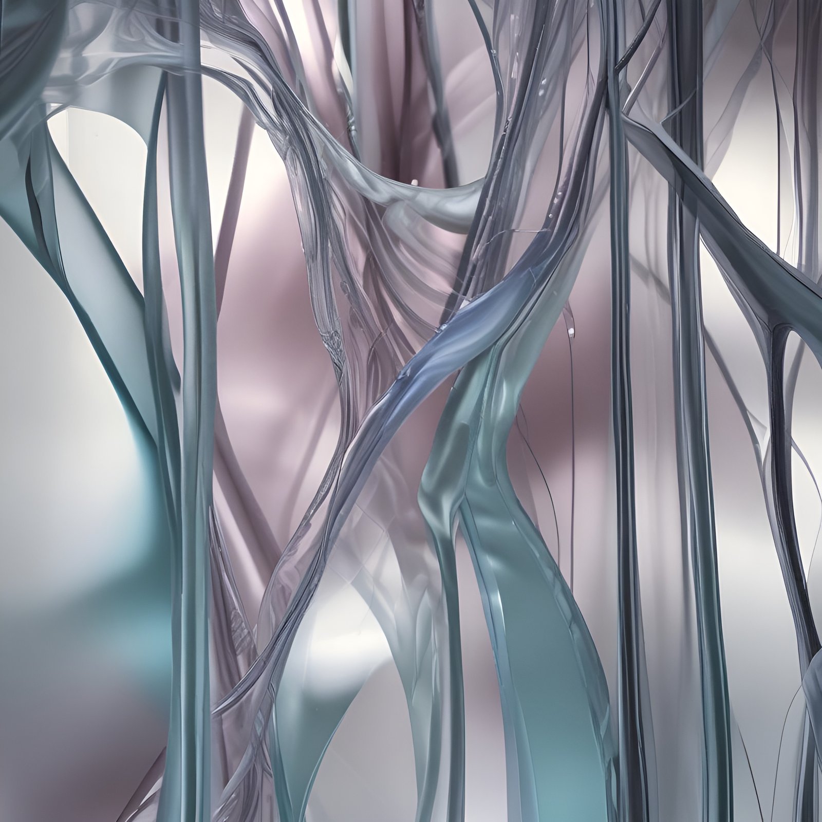 Abstract art of teal, mauve, and gray glass ribbons hanging on a pale ground.
