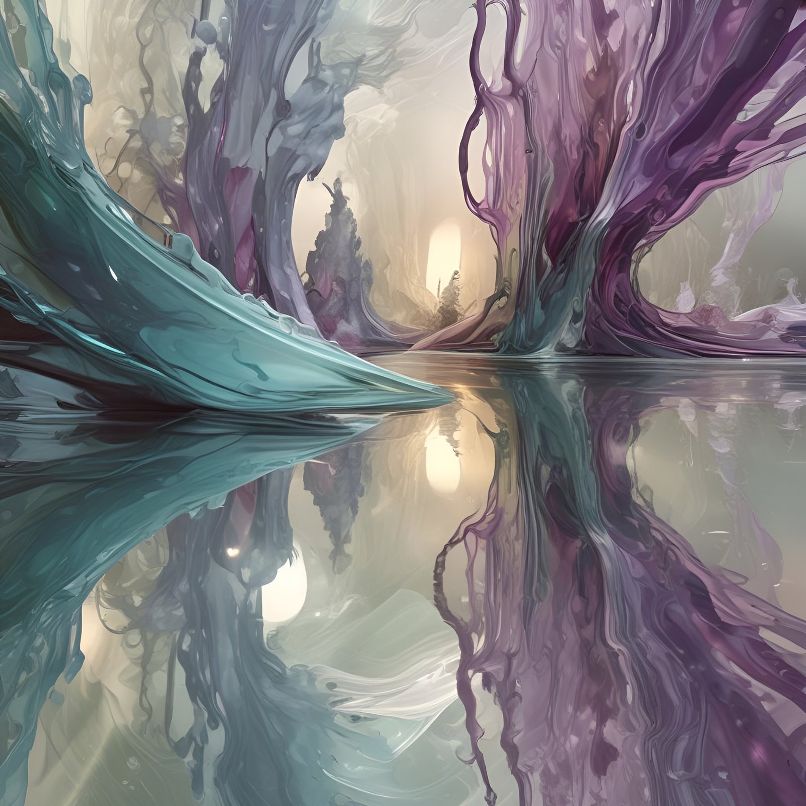 Painting of a teal and purple liquid forest reflected in still water with a warm glow