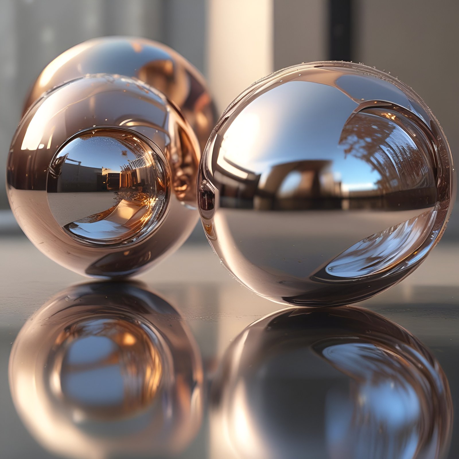 Photo of three copper gold chrome spheres on a reflective table