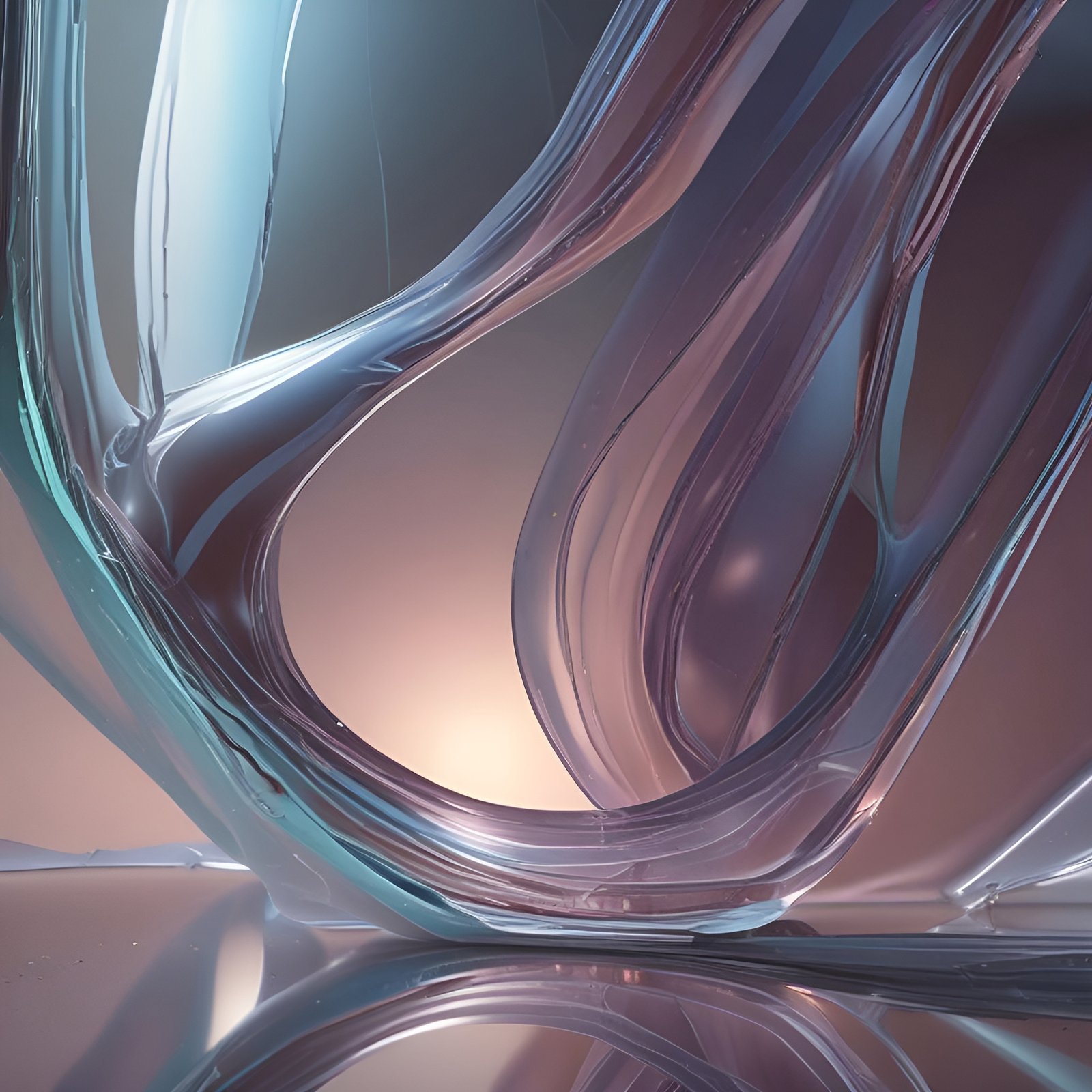 Abstract art of translucent glass ribbons in teal and lilac curving over a warm peach light on a mirrored floor.