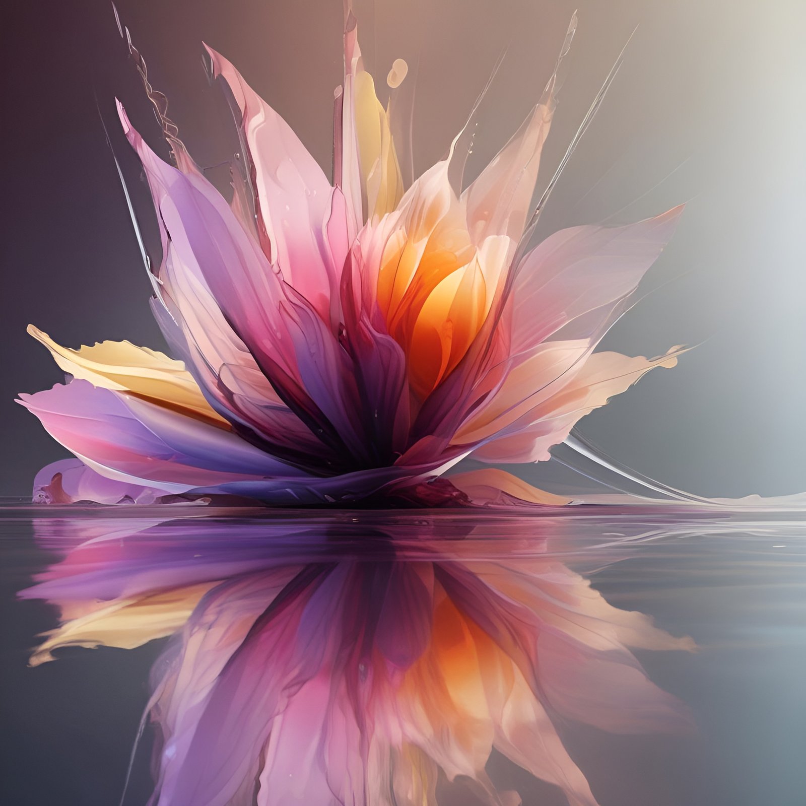 A 3d poster art of a translucent lotus bloom in pink, purple, gold, and orange on still water with a matching reflection.