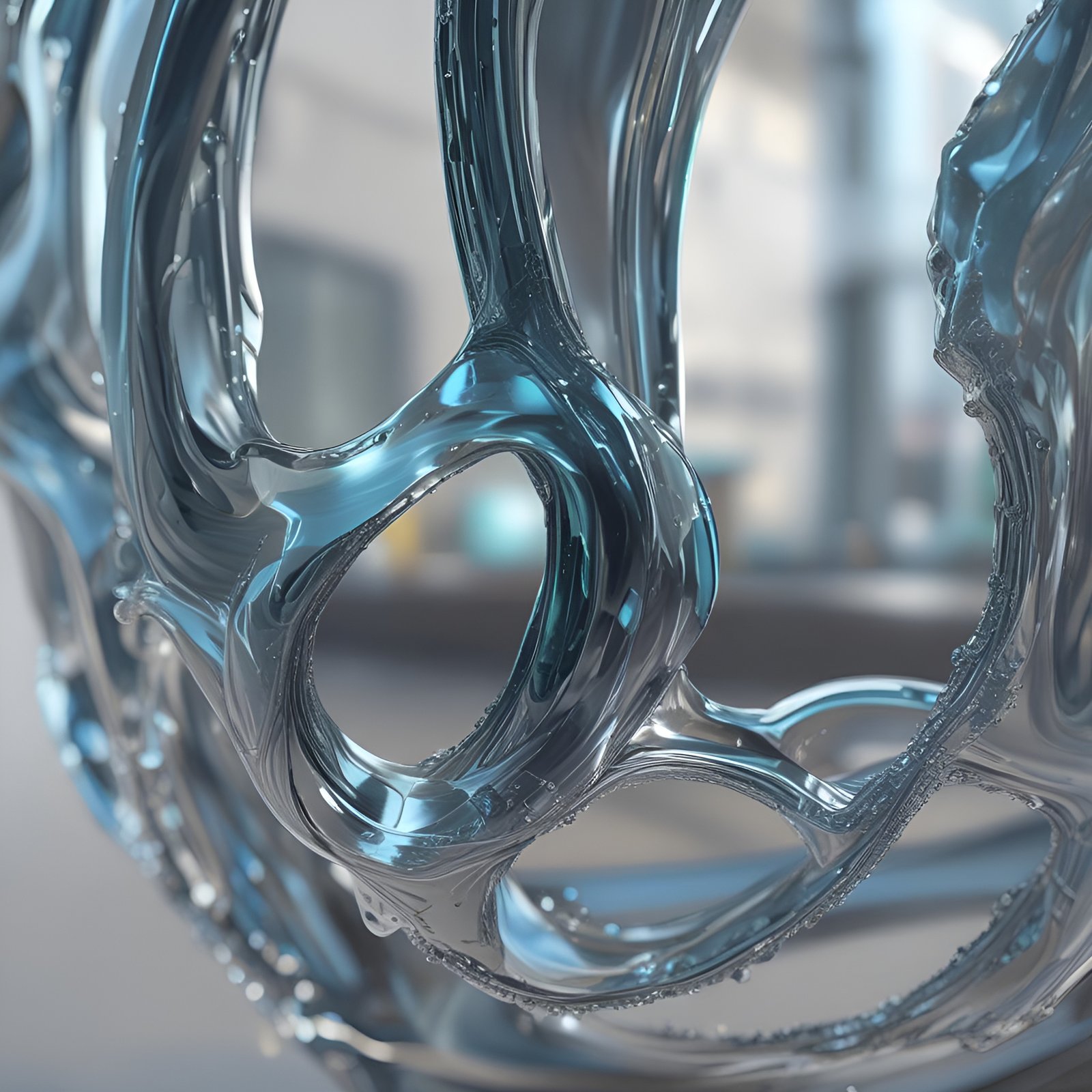 Abstract art of a translucent teal glass sculpture of looping organic tubes with glossy highlights and tiny water beads.