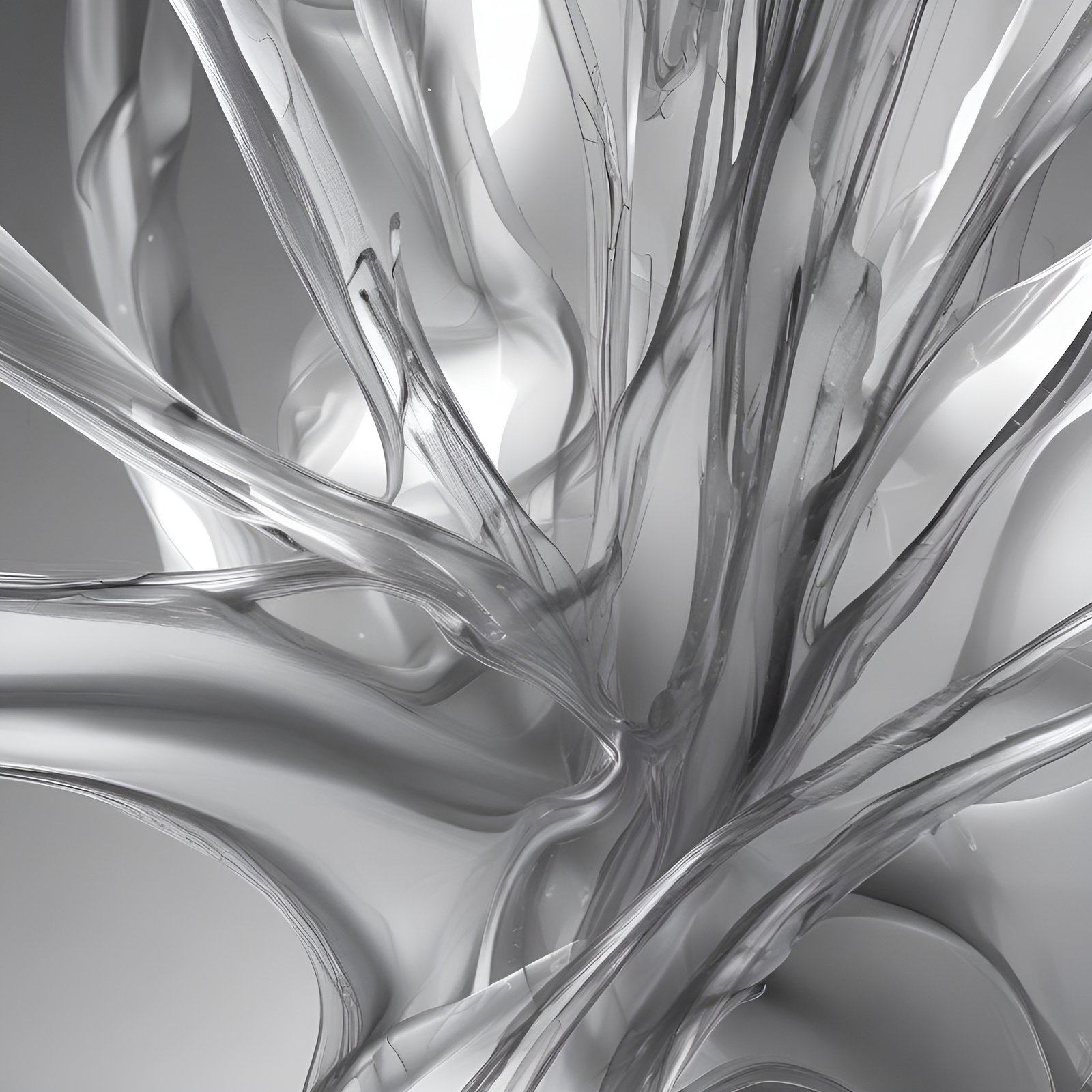 Abstract art of translucent white glass strands branching like a tree on a pale ground.