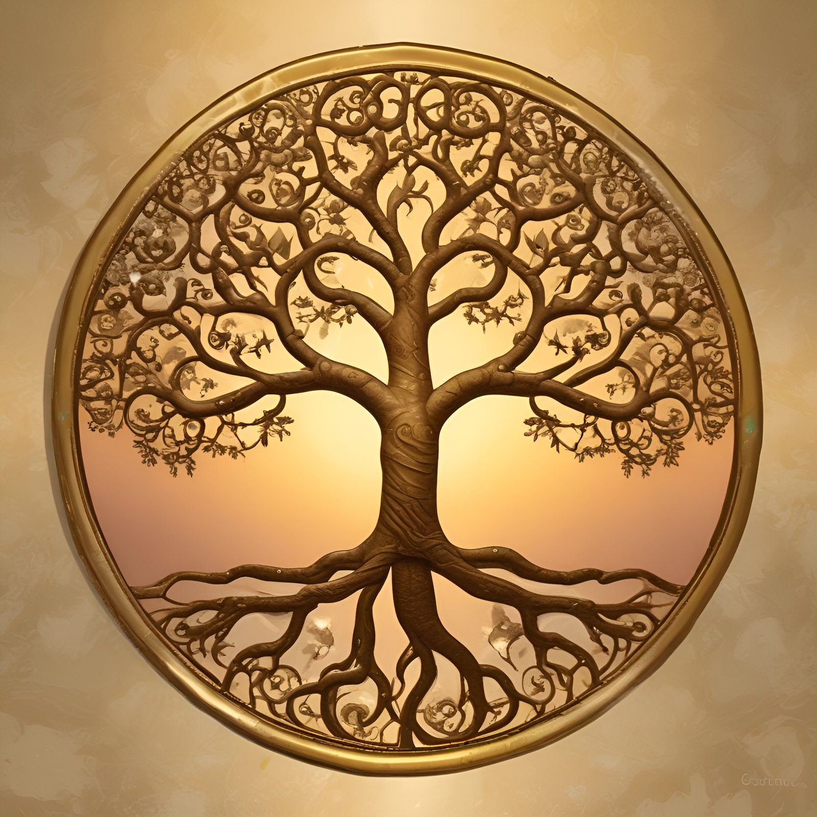 Painting of a tree of life in a gold frame with a peach glow