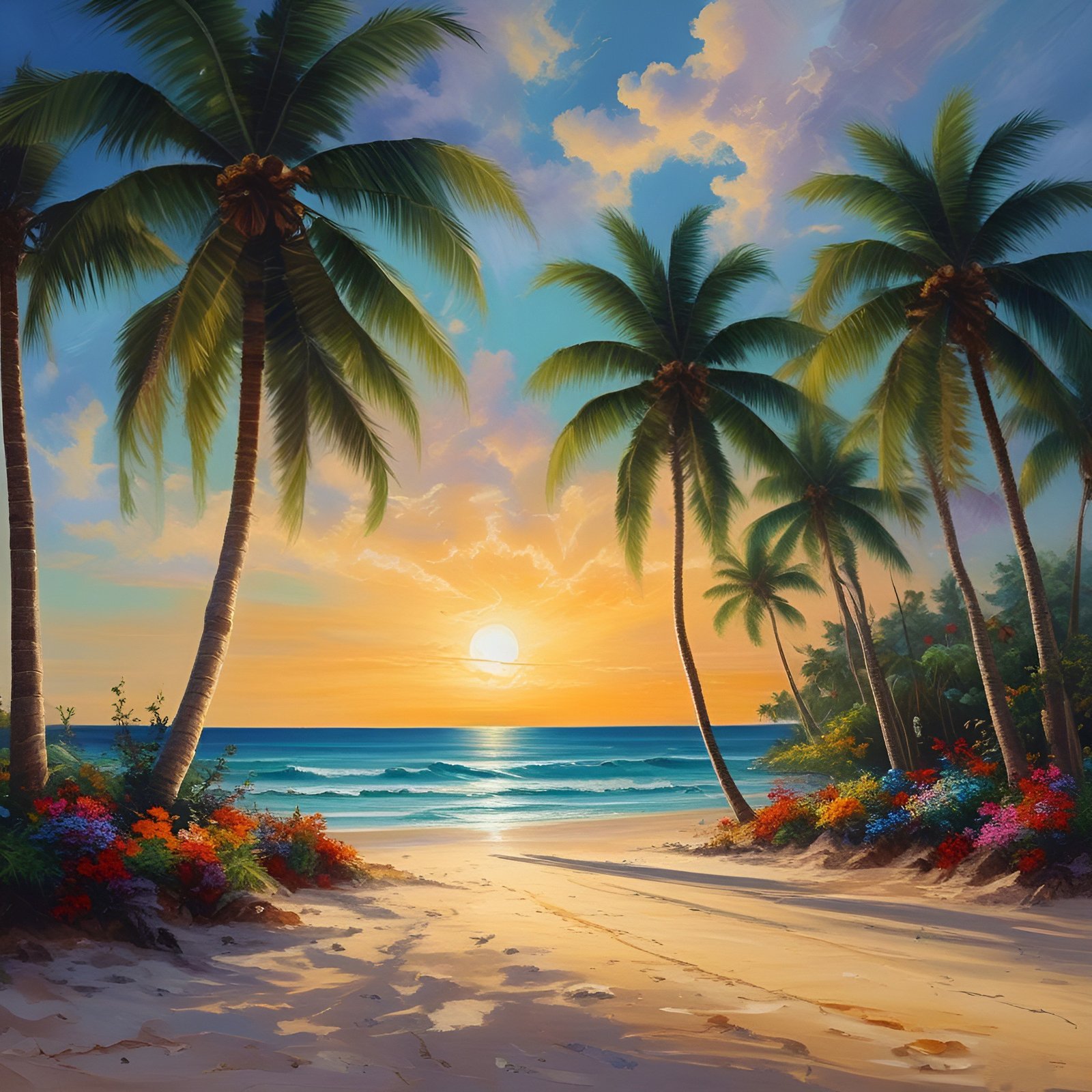Painting of a tropical beach at sunset with coconut palms and turquoise ocean