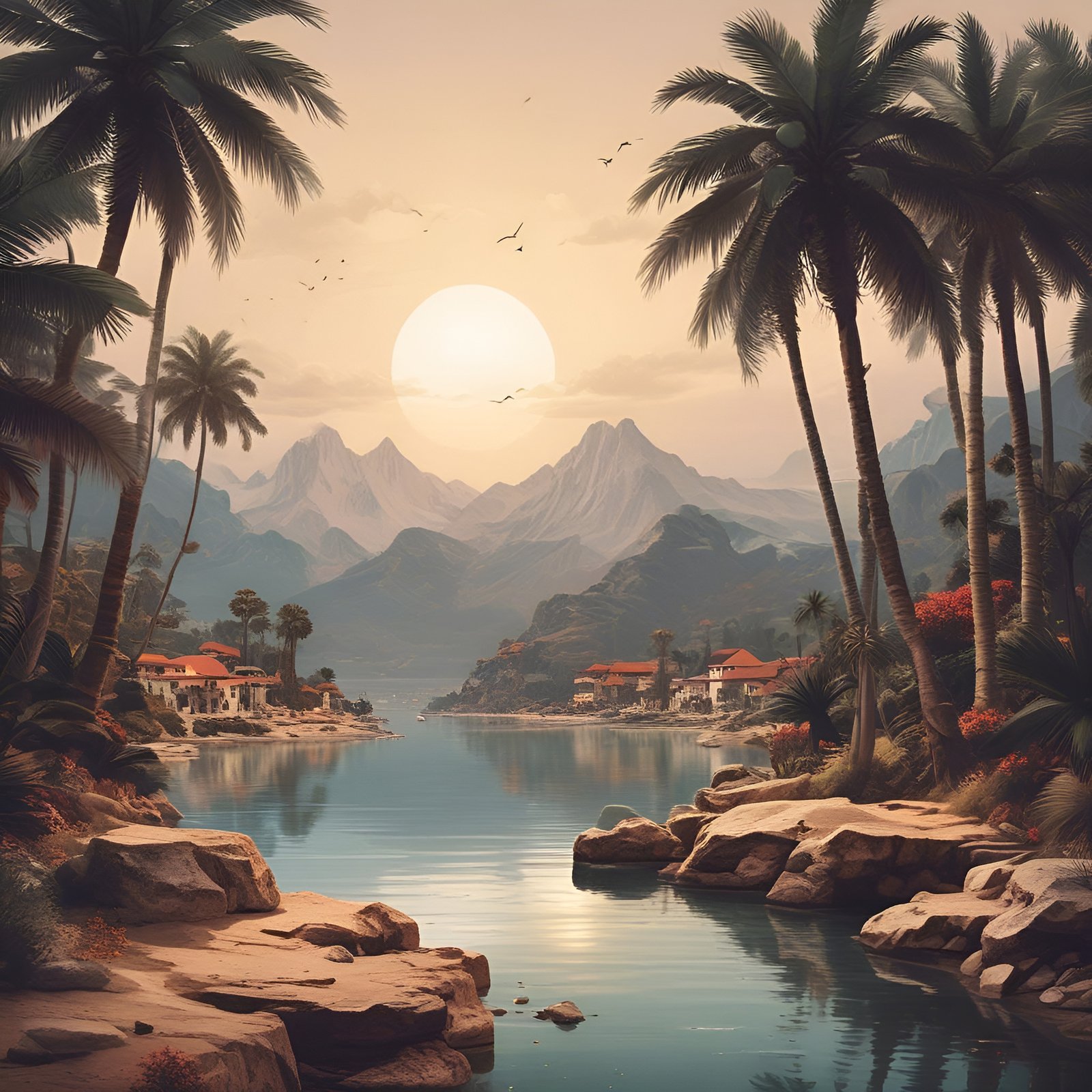 Painting of a tropical cove at sunset with palms and red roof villas
