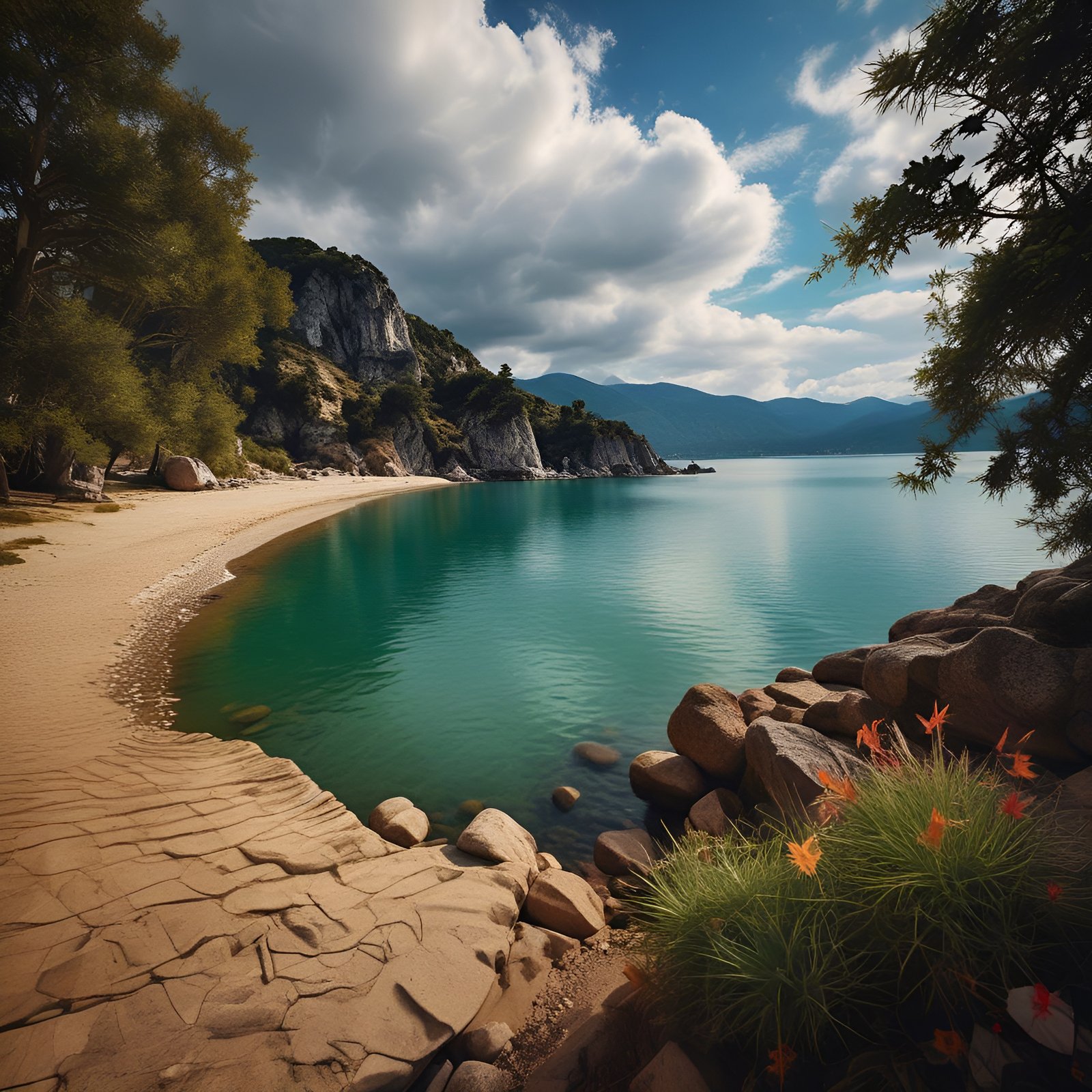 Photo of a turquoise cove with tan sand orange lilies and a cracked rock shelf